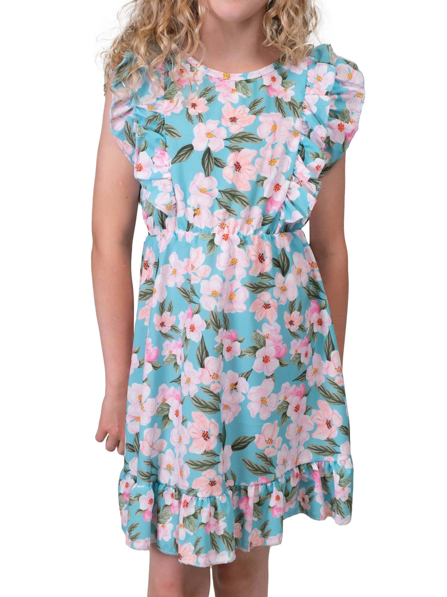 KMISSO Sommerkleid Mädchen Kleid mit Volants Blumenmotiv 30384 (1-tlg) bequem zu tragen Türkis