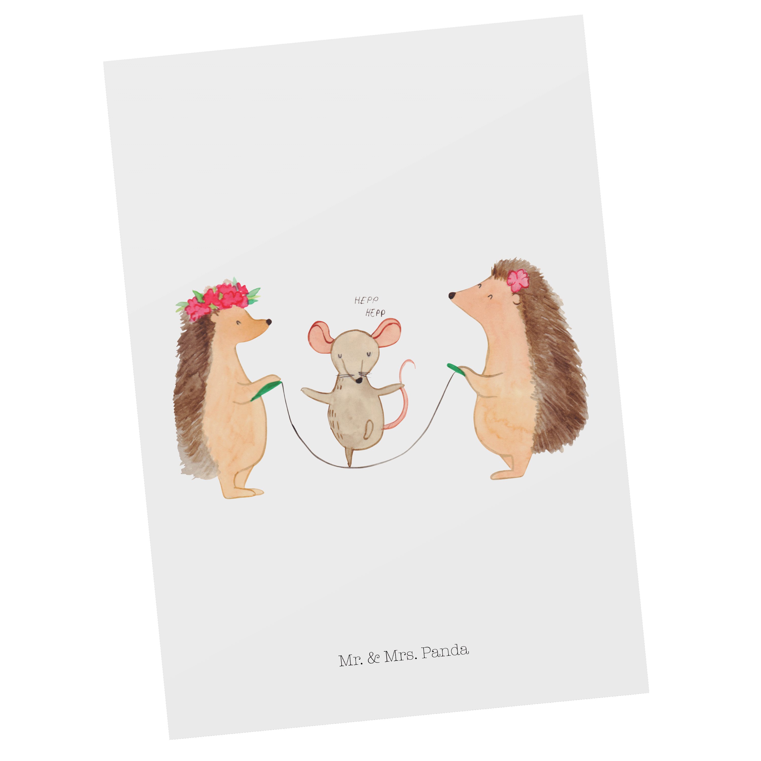 Mr. & Mrs. Panda Postkarte Igel Seilhüpfen - Weiß - Geschenk, Tiere, Ansichtskarte, Kindergarten