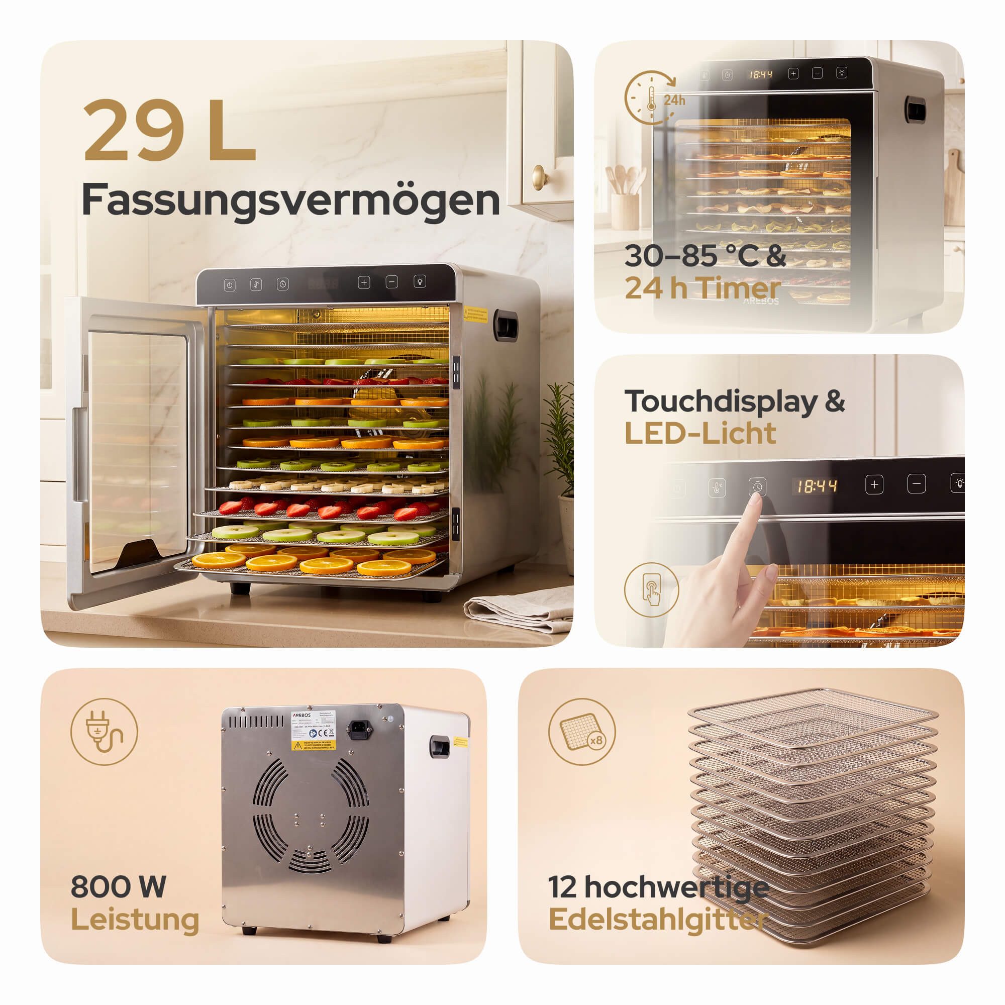 Arebos Dörrautomat Dörrgerät 29L mit Edelstahlgittern & Timer 800 W, 12 Etagen, 29 L Fassungsvermögen, 800 W Leistung