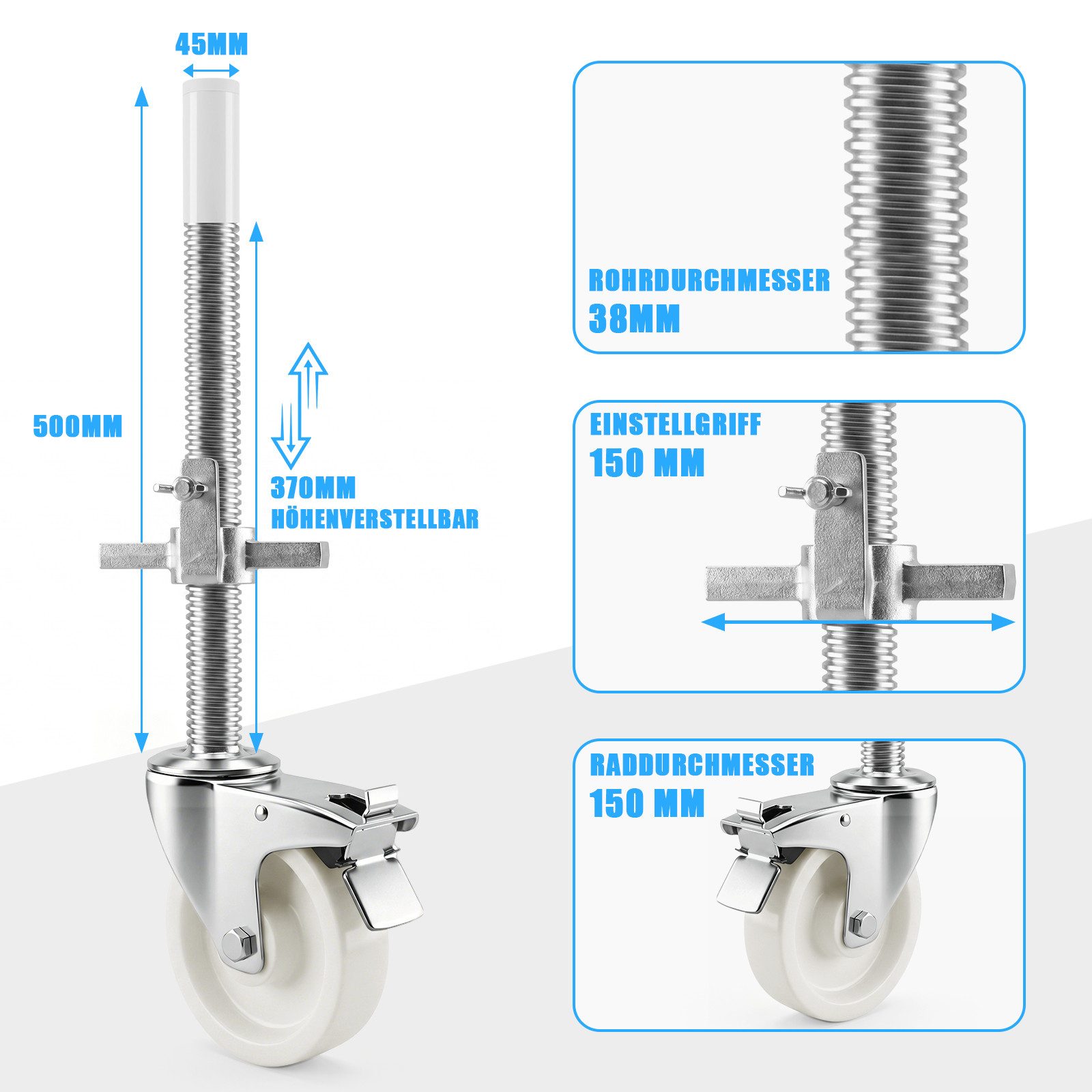 XIIW Gerüstrolle 4 tlg. Set Gerüsträder 150mm Lenkrolle mit Bremse 1000kg Tragfähigkeit, (Set, 4-St., Länge: 500 mm, Spindel: Ø38 mm, 370 mm Höhenverstellbar), Gerüstrollen für Gerüst Rollgerüst