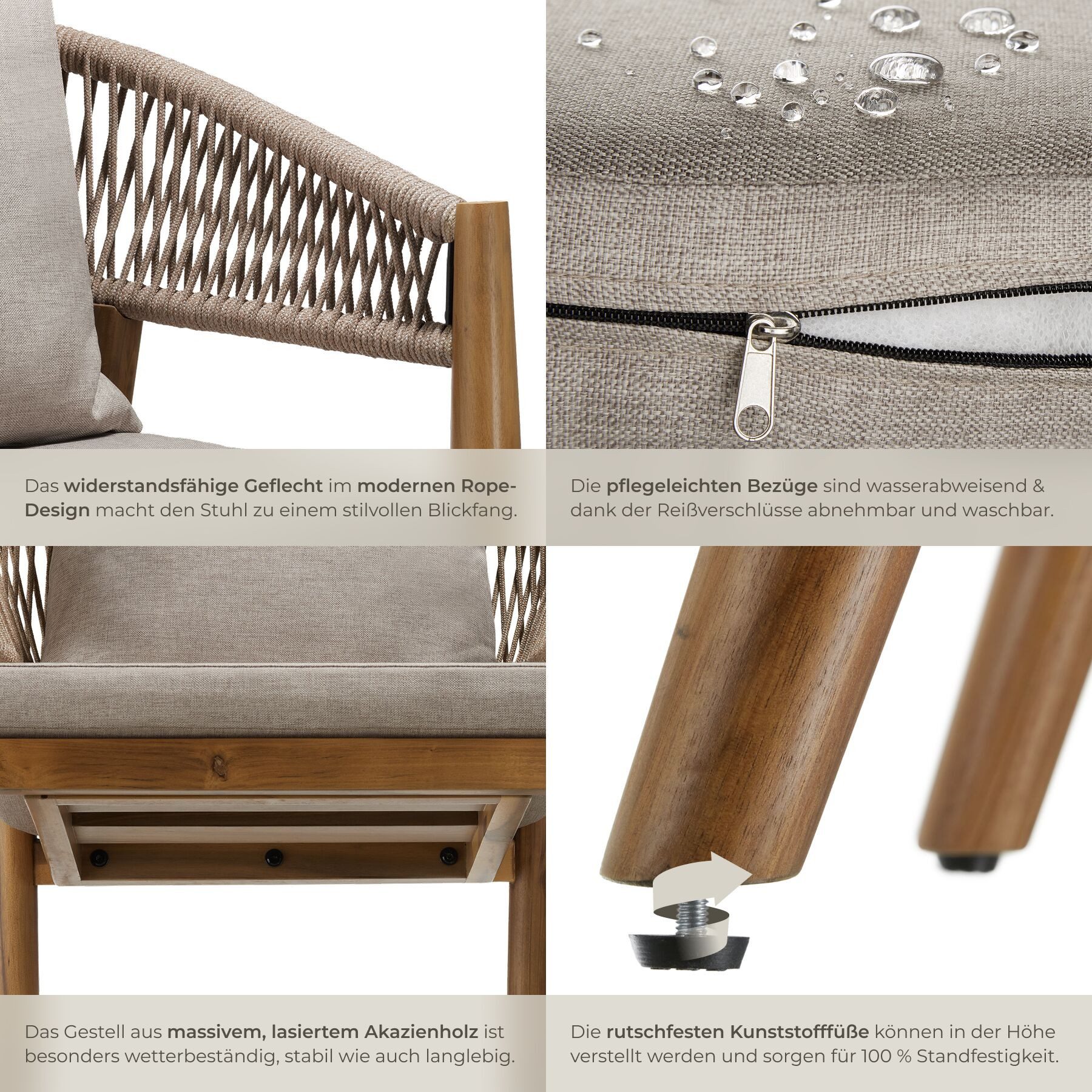 tectake Gartenstuhl Outdoor-Sessel Akazienholz, wetterfest, Rope-Design, verstellbare (Outdoostuhl Manacor, 4 St), Wasserabweisende Bezüge, abnehmbar, Inkl. Sit – Bild 5 von 5