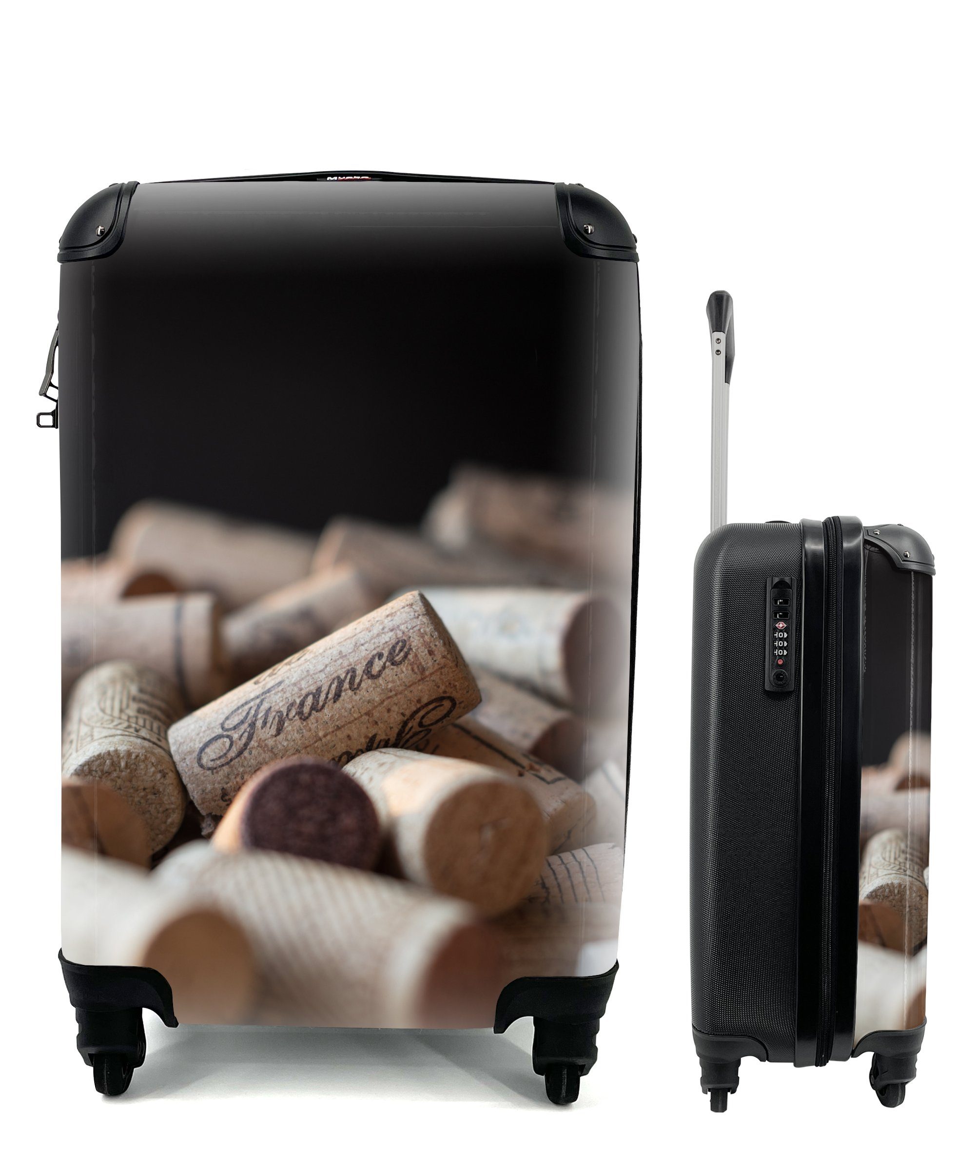 MuchoWow Handgepäckkoffer Korken vor einem schwarzen Hintergrund, 4 Rollen, Reisetasche mit rollen, Handgepäck für Ferien, Trolley, Reisekoffer