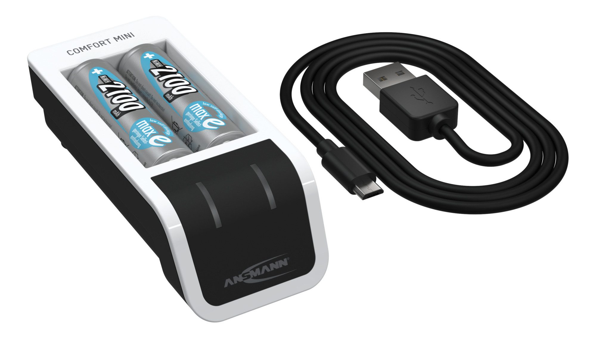 ANSMANN AG Akku Ladegerät inkl. 2x AA 2100mAh Akkus, USB-Eingang Universal-Ladegerät