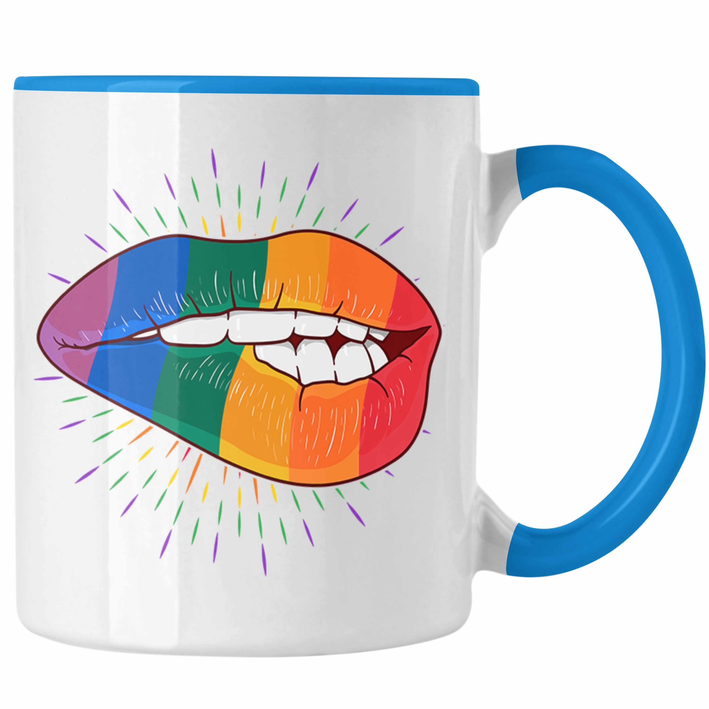 Trendation Tasse Trendation - LGBT Tasse Geschenk für Schwule Lesben Transgender Regenbogen Lustige Grafik Regenbogen Bunte Lippe Blau