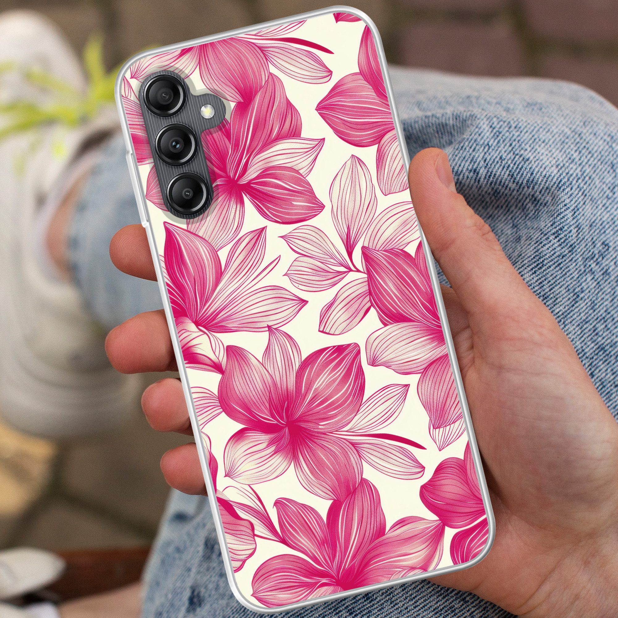 MuchoWow Handyhülle für Samsung Galaxy A14 5G Blumen - Muster - Rosa - Weiß, Smartphone-Bumper, Print, Handy Schutzhülle Dünn