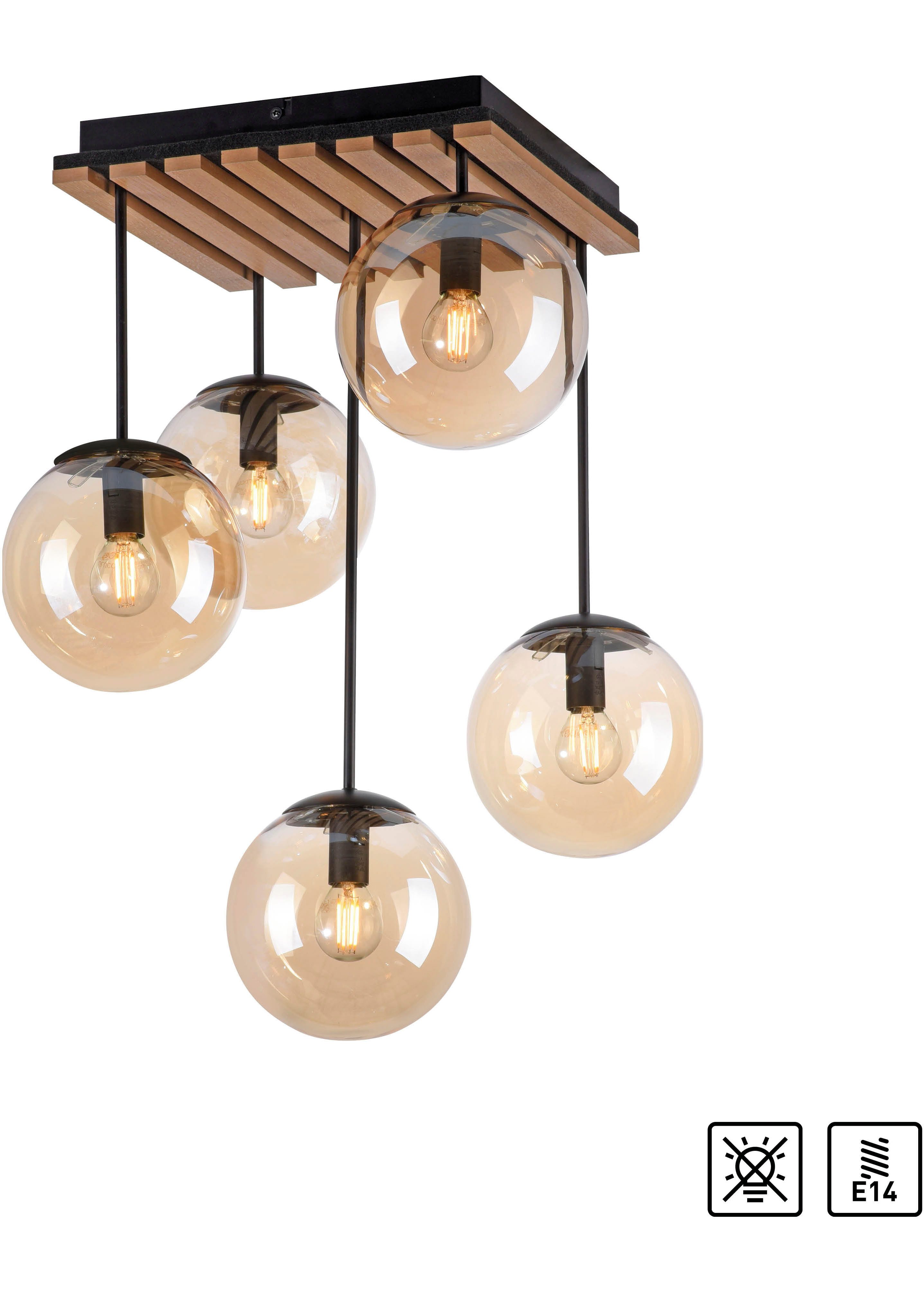 Leonique Deckenleuchte Erinette Akustikpaneele mit Glaskugeln, Leuchtmittel wechselbar, ohne Leuchtmittel, Warmweiß, Holz, Akustik, Paneele, Glas, Deckenlampe E14