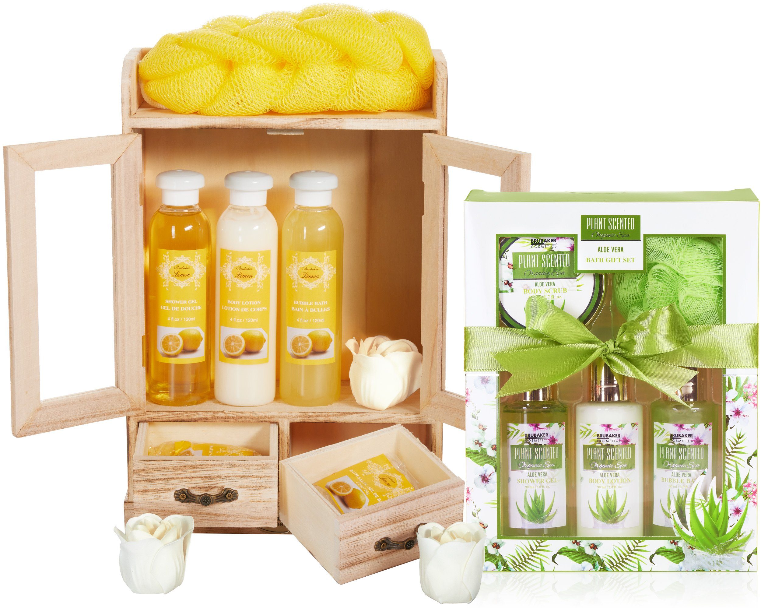 BRUBAKER Pflege-Geschenkset 2 in 1 Pflegeset Lemon & Aloe Vera - Wellness Set, 15-tlg., Damen Dusch- und Badeset - Frauen Beauty Geschenkset mit Dekoration