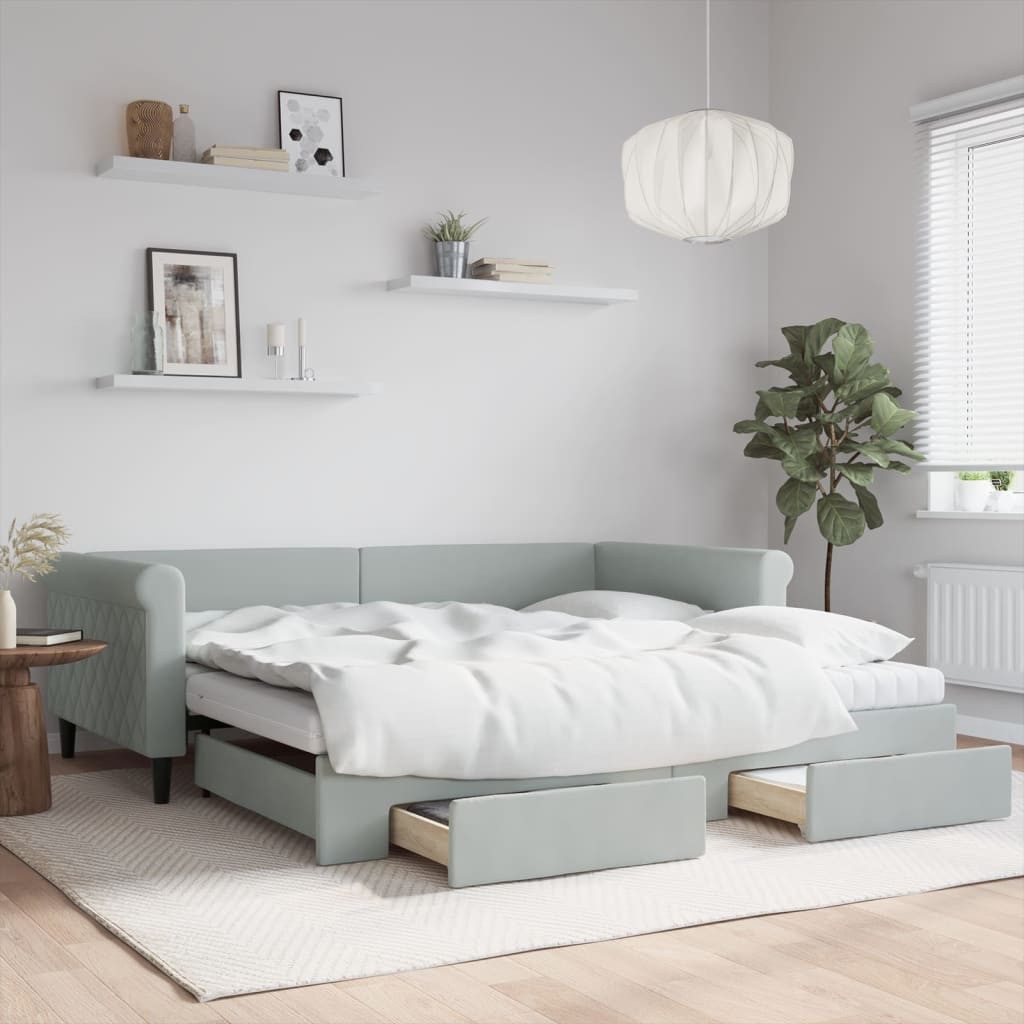 Bett Ausziehbares 2-in-1 Tagesbett 229x110x68 cm Hellgrau mit Samtbezug