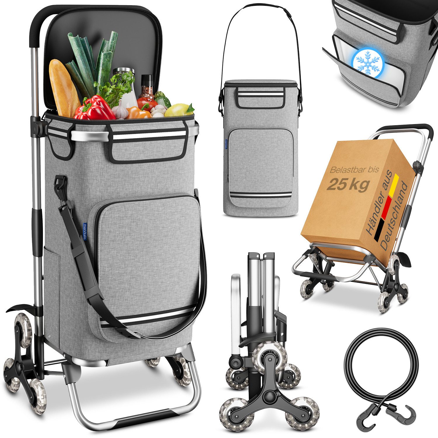 ELONEO Einkaufstrolley Treppensteiger, mit separater Kühltasche, klappbar, 43 l, 3+3 Rad-System, abnehmbare Tasche mit Schultergurt, extrem leicht