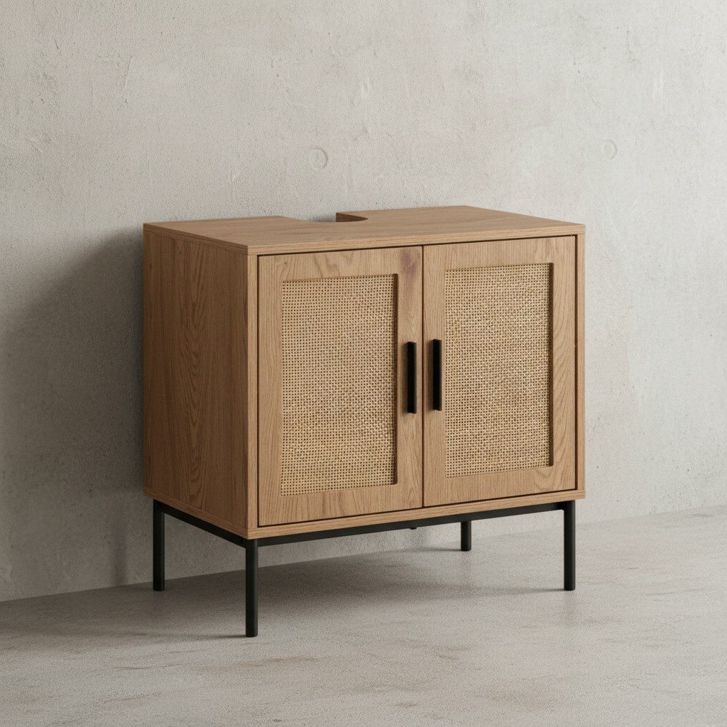 KADIMA DESIGN Waschbeckenunterschrank Waschbeckenunterschrank Eiche-Optik 60x60x40 cm mit Türen, (Badschrank Midischrank Klein Waschtisch) Badezimmerschrank mit Rattangeflecht, Unterschrank Stehend