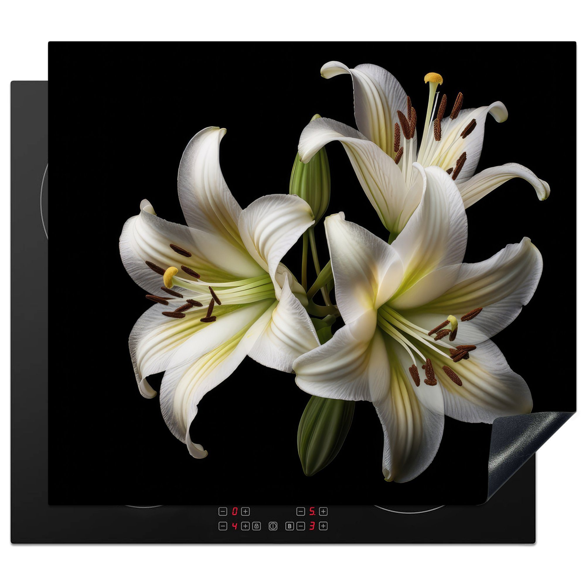 MuchoWow Herdblende-/Abdeckplatte Lilie - Blumen - Weiß - Natur - Botanisch, Vinyl, (1 tlg), 60x52 cm, Mobile Arbeitsfläche nutzbar, Ceranfeldabdeckung