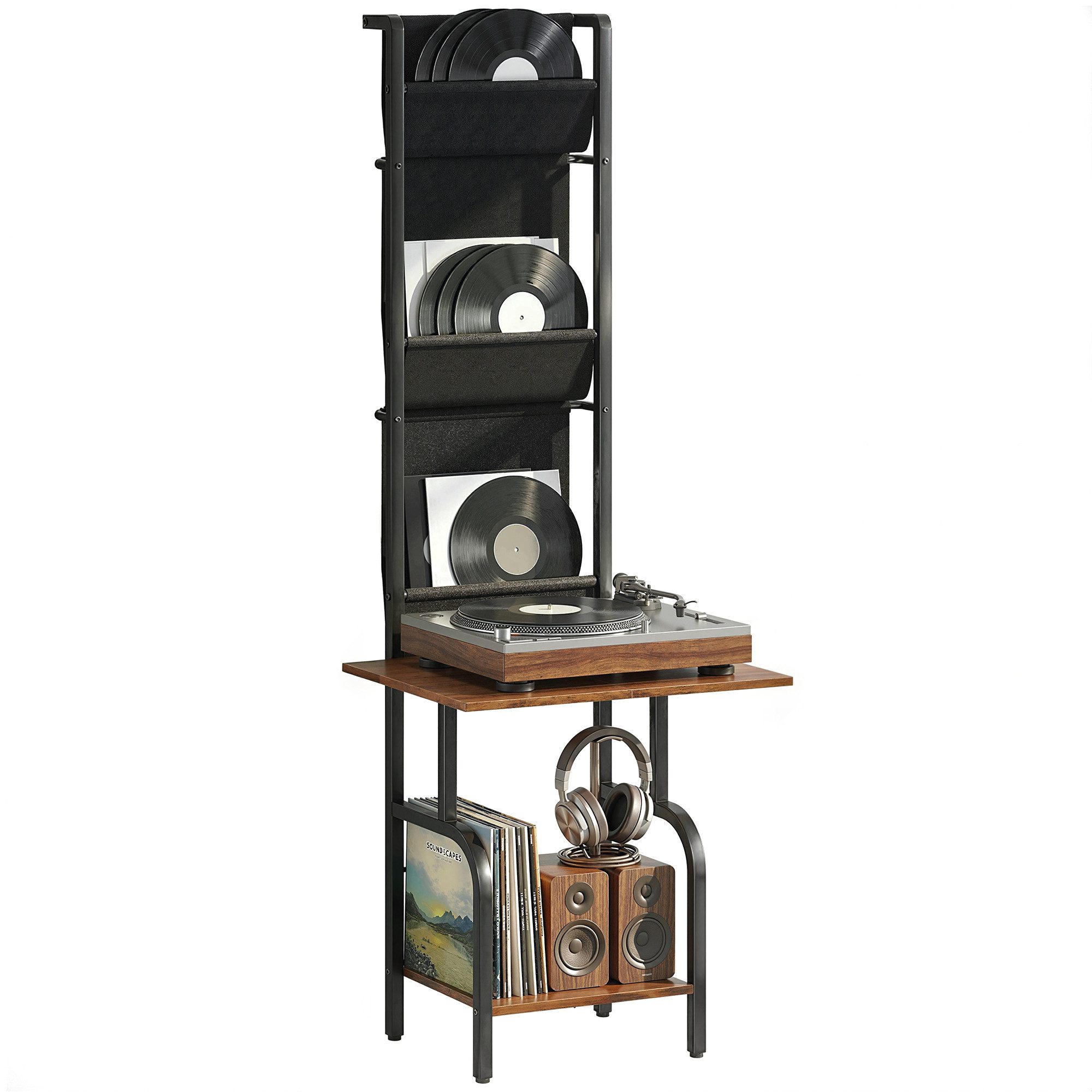 HOMCOM CD-Regal 3 Stofftaschen Bücherregal, DVD Regal 1-tlg., Medienregal mit Tischplatte, Kippsicherung, stabil.