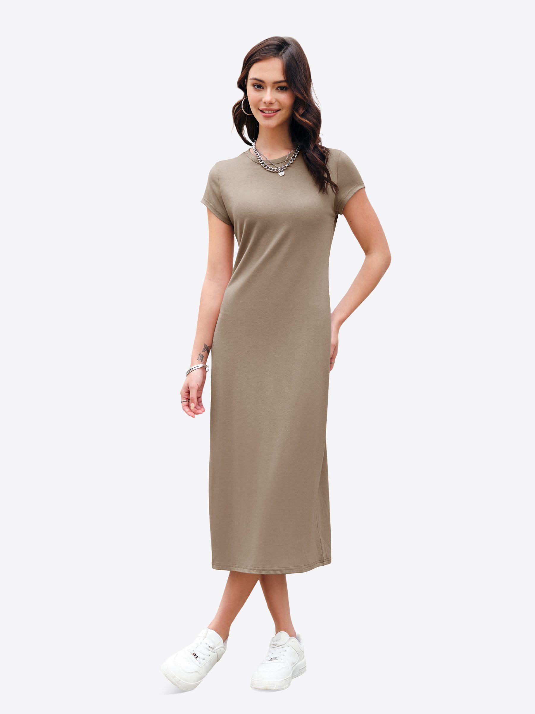 Imily Bela Midikleid Damen Kurzärmeliges T-Shirt Kleid (Packung, 1-tlg., 1per-Pack) Einfarbig