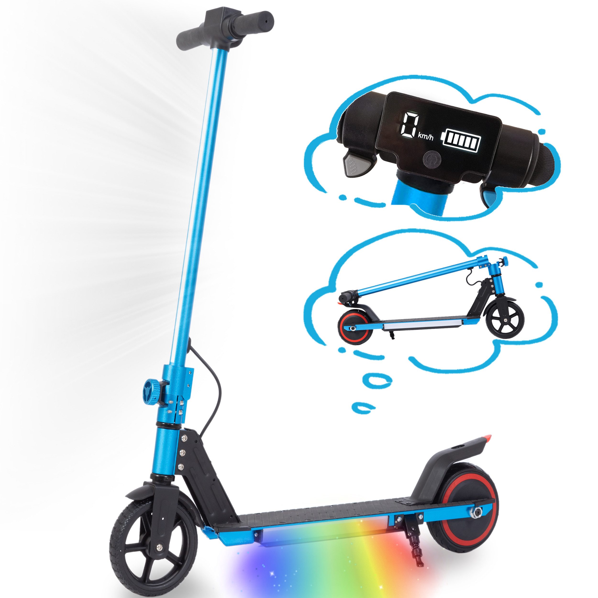 Vankel E-Scooter Kinder ab 6 Jahre, klappbar, 10km, Bunte Leuchten, Jungen und Mädchen, 150 W, 14 km/h, (für Jungen und Mädchen, max. 50kg, faltbar, Aluminiumrahmen), Elektro-Kinderroller, Lenksäulenlicht, mit Haken, EBS + Fußbremse