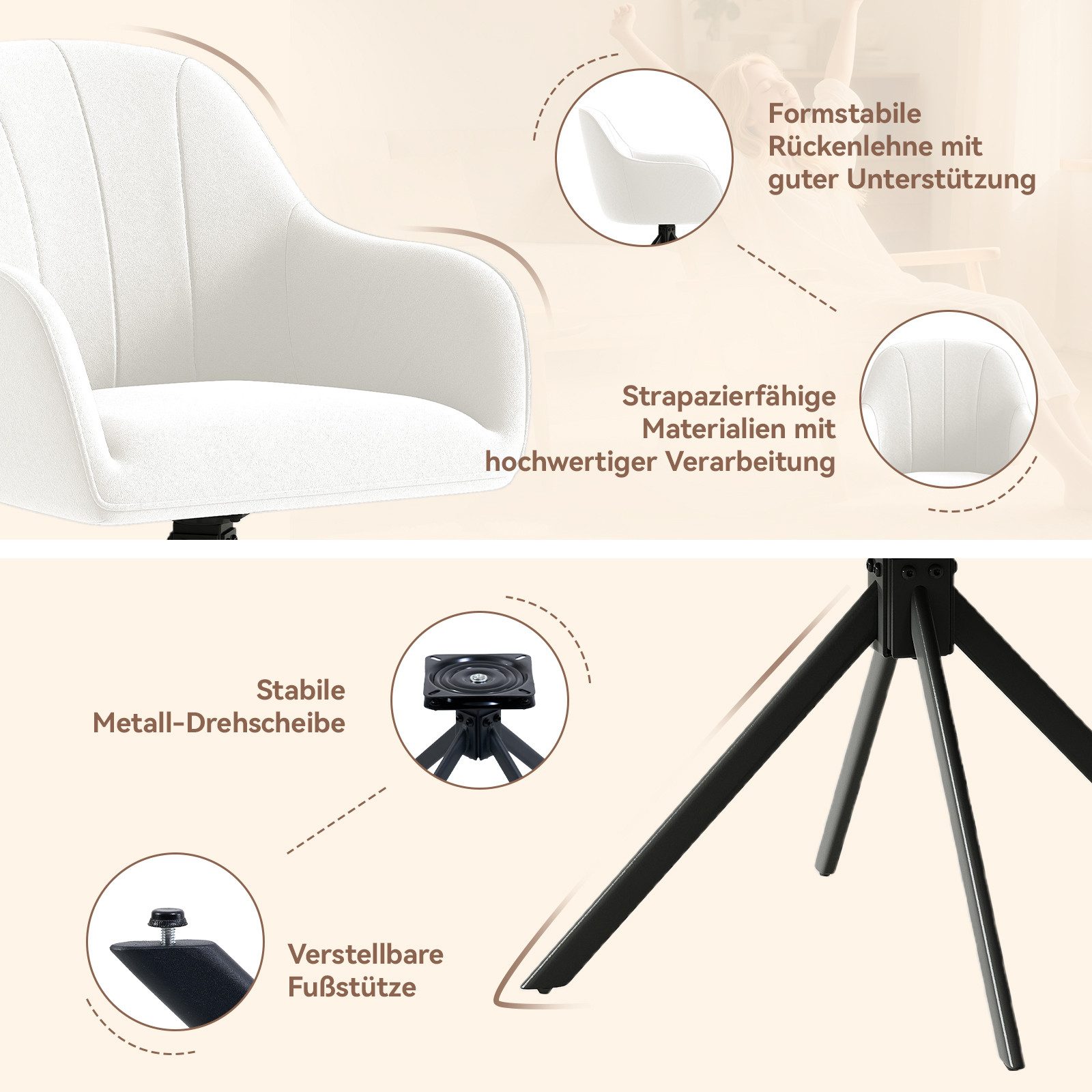 HawthyHome Polsterstuhl 360° drehbar mit Armlehne und Metallbeinen, 4-Fußstuhl (1 St), Moderner Küchenstuhl Esszimmerstuhl für Wohnzimmer & Büro – Bild 5 von 5
