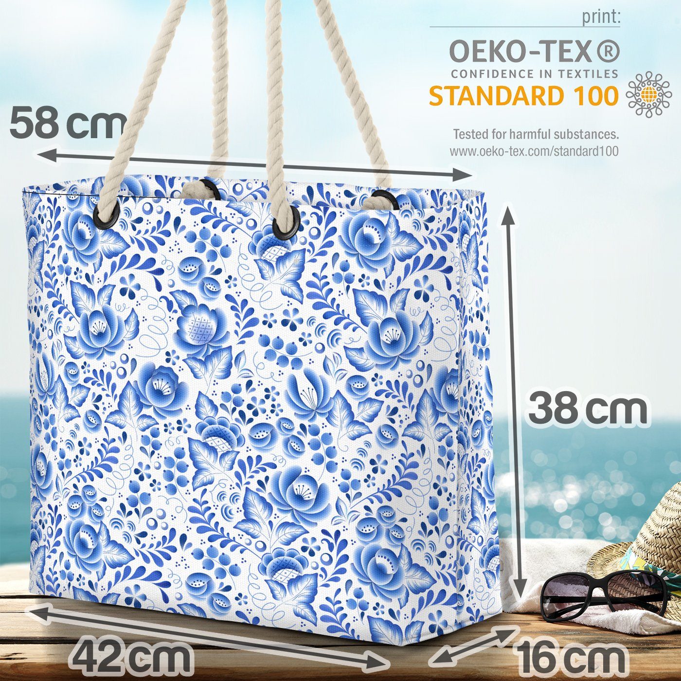 Bag Russland Blatt VOID Porzellan Malerei Blaue Strandtasche (1-tlg), Beach Blumen gemustert Blumenmuster