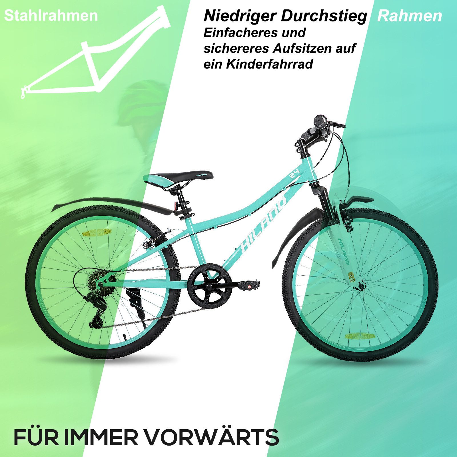 HILAND Kinderfahrrad 24 Zoll Kinderfahrrad ab 6-12 Jahre alt MTB Studenten-Pendlerfahrrad, mit Federgabel 7 Gang, V-Bremse, Hochwertiger Rahmen