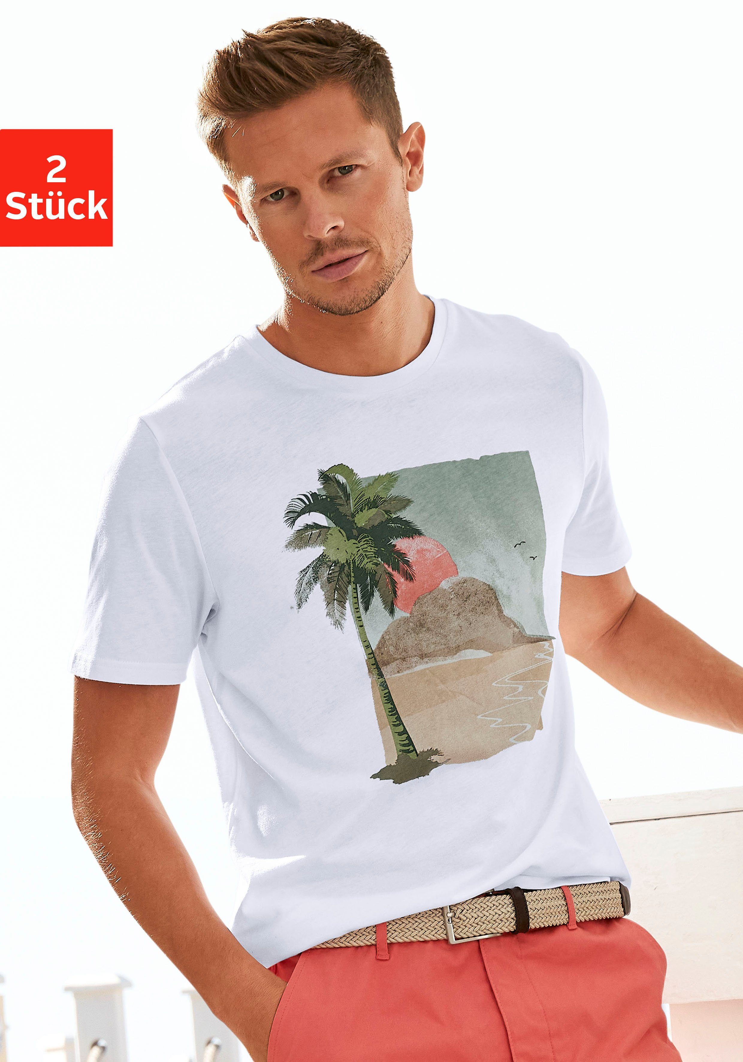 Beachtime T-Shirt unifarben mit Frontdruck 2-tlg) (Packung, und