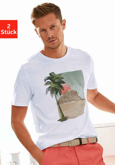 Beachtime T-Shirt (Packung, 2-tlg) mit Frontdruck und unifarben - mit Rundhals-Ausschnitt