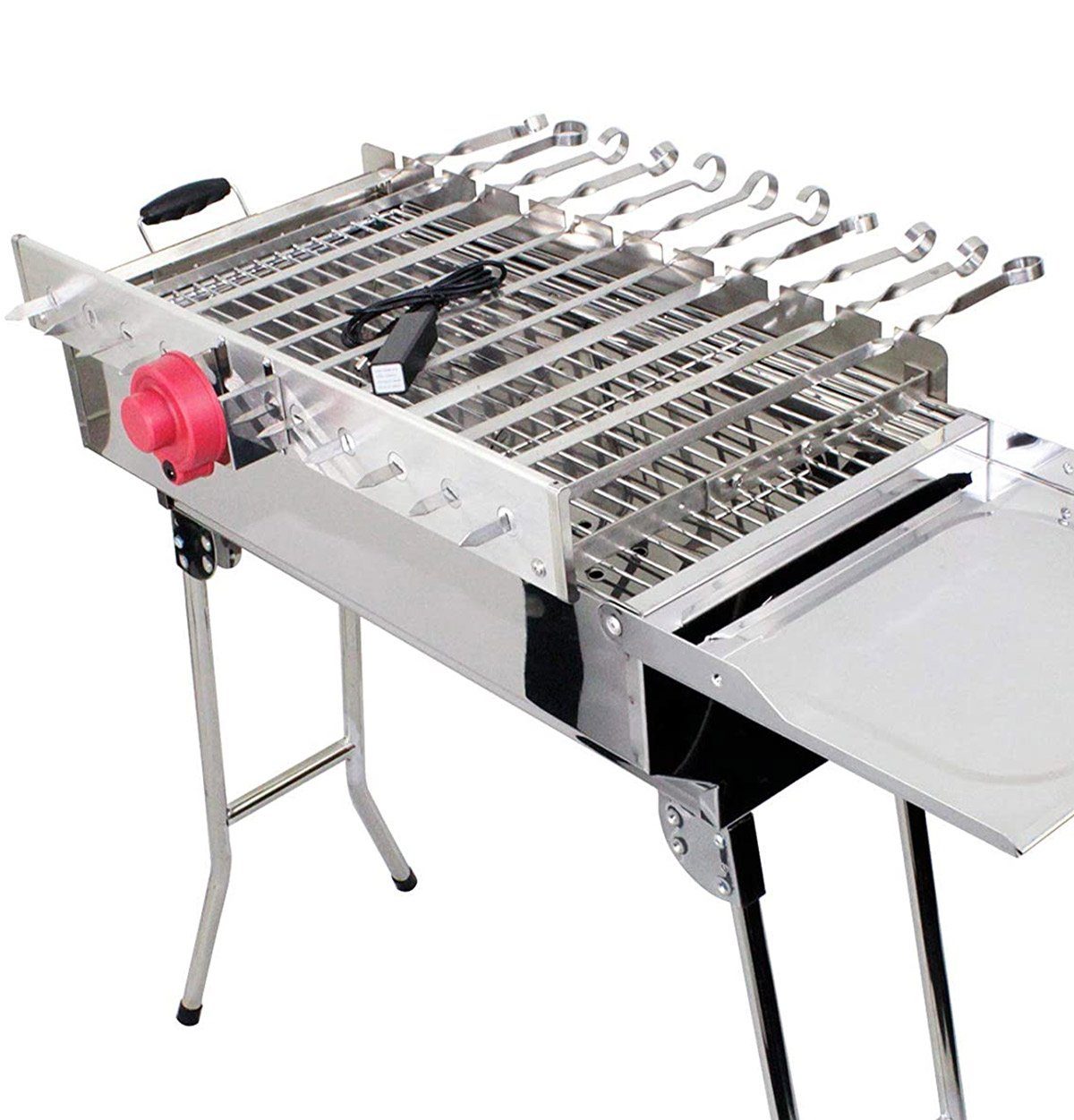 Renschler Line Holzkohlegrill Mangal Grill Edelstahl mit elektrischem Spießdreher & 11 Grillspießen, H 75 x B 33,5 x L 60,5 cm