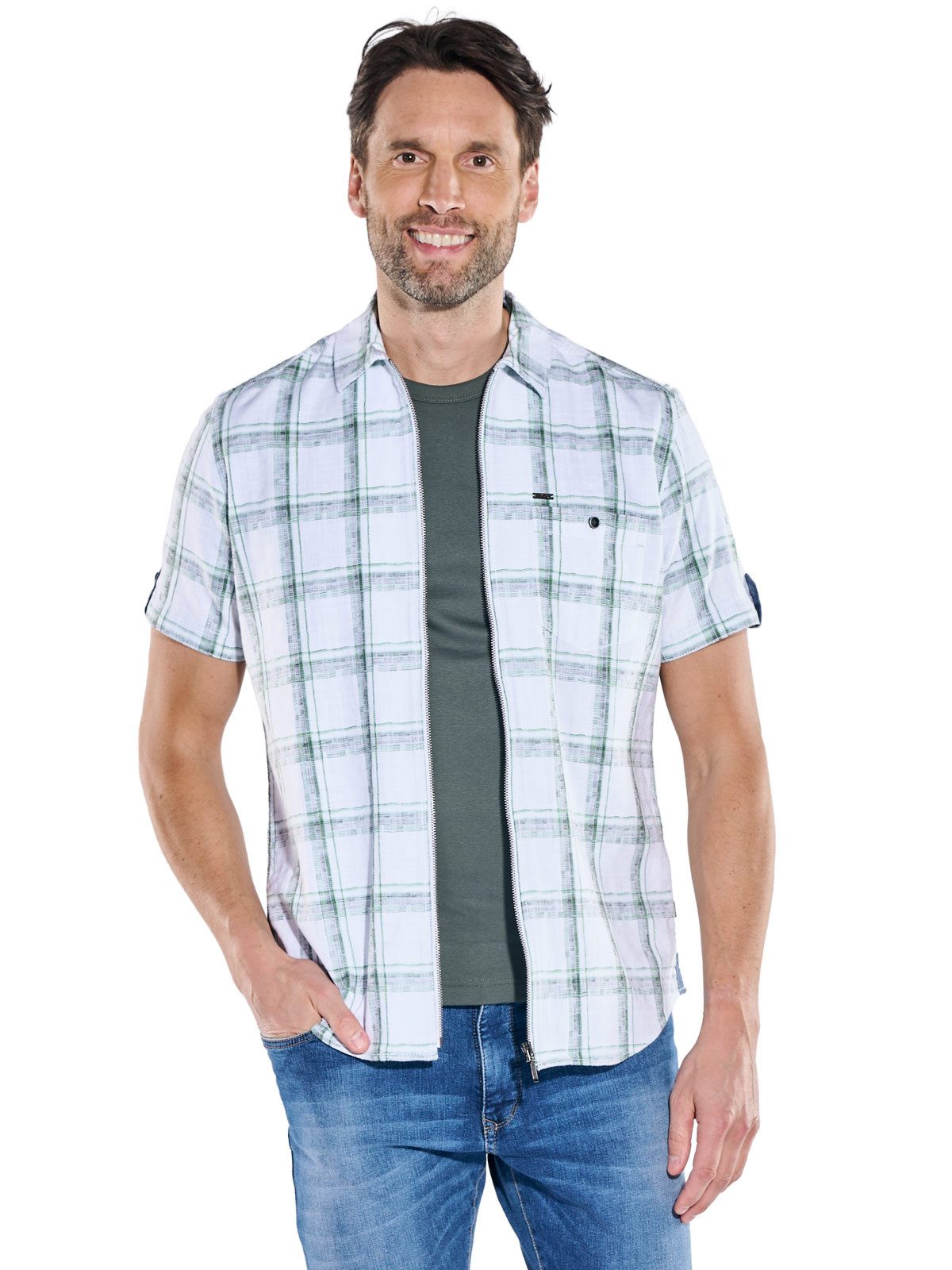 Engbers Kurzarmhemd Herren Overshirt mit Reißverschluss, Gruen