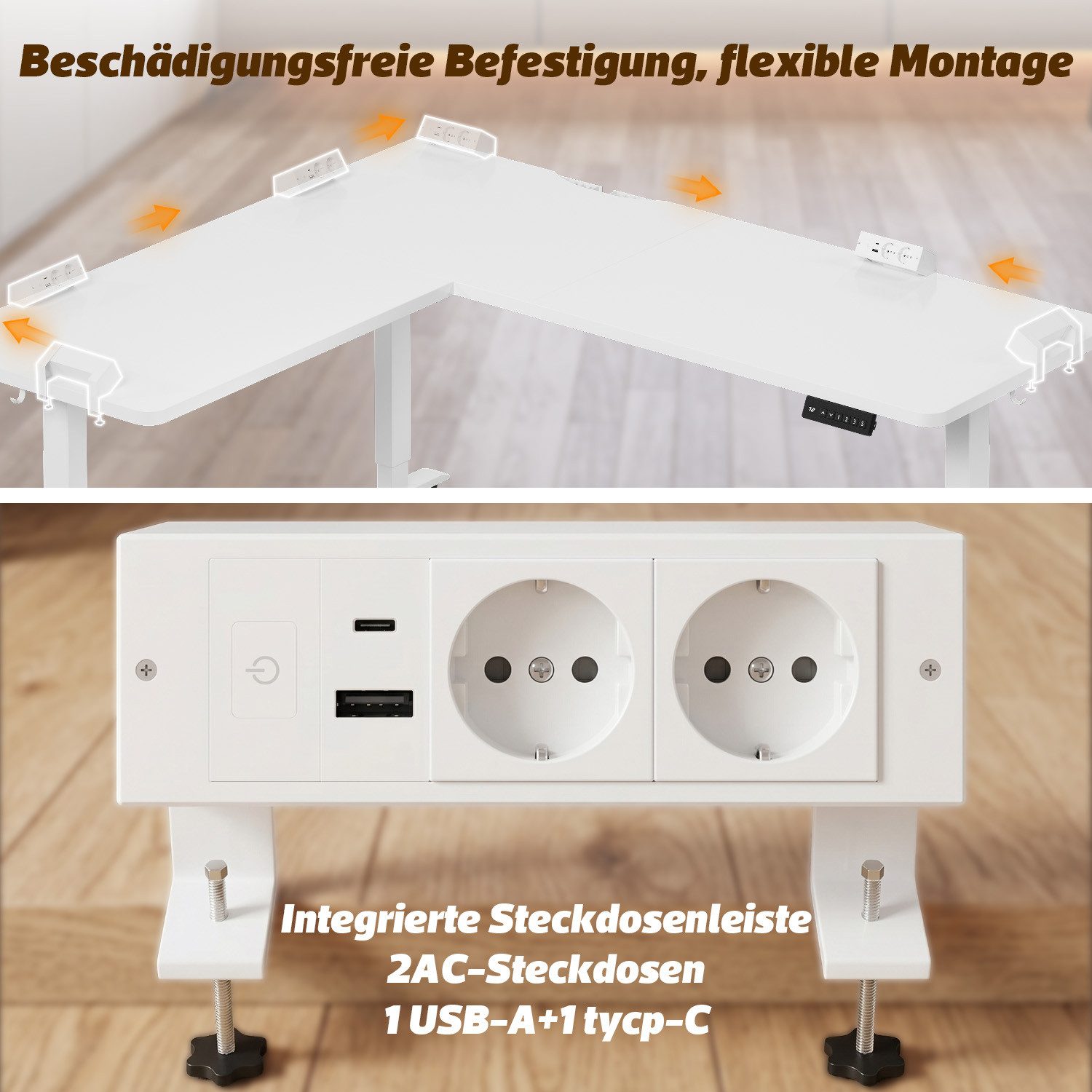 HOMALL Schreibtisch 160 x 140cm Eckschreibtisch Höhenverstellbarer Schreibtisch L Form (Maße: 160 × 140 / 190 × 155, 20 mm dicke Tischplatte, Tragkraft bis zu 100 kg, mit beweglicher Steckdose, in 3 Stufen höhenverstellbar)