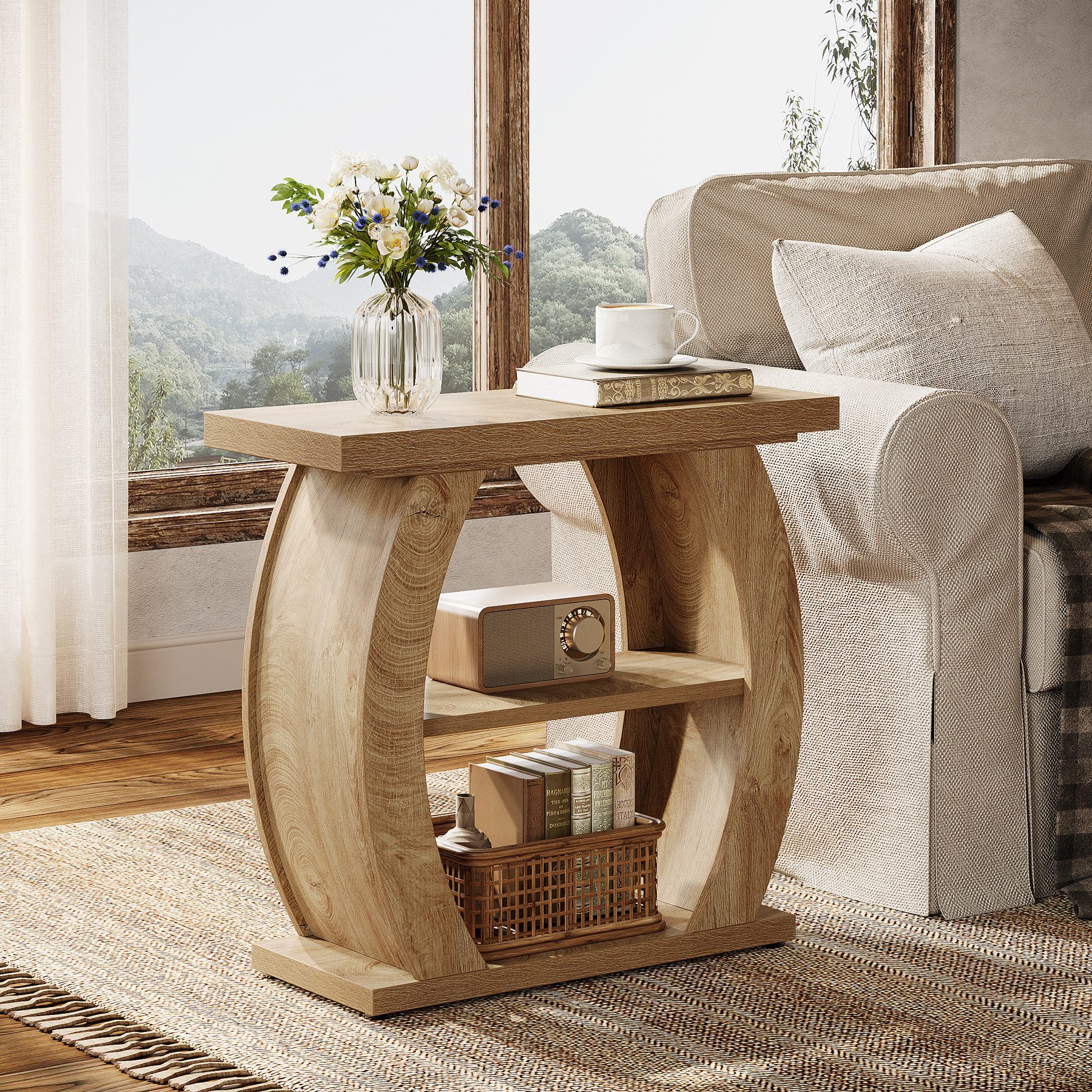 Tribesigns Beistelltisch mit Stauraum, 3 Ablagen Nachttisch Schmal, Gebogener Sofatisch Holz (1 x Beistelltisch - 1 x Zubehörpaket - 1 x Anleitung), Landhausstil Kleiner Tisch Beistelltisch für Wohnzimmer, Schlafzimmer