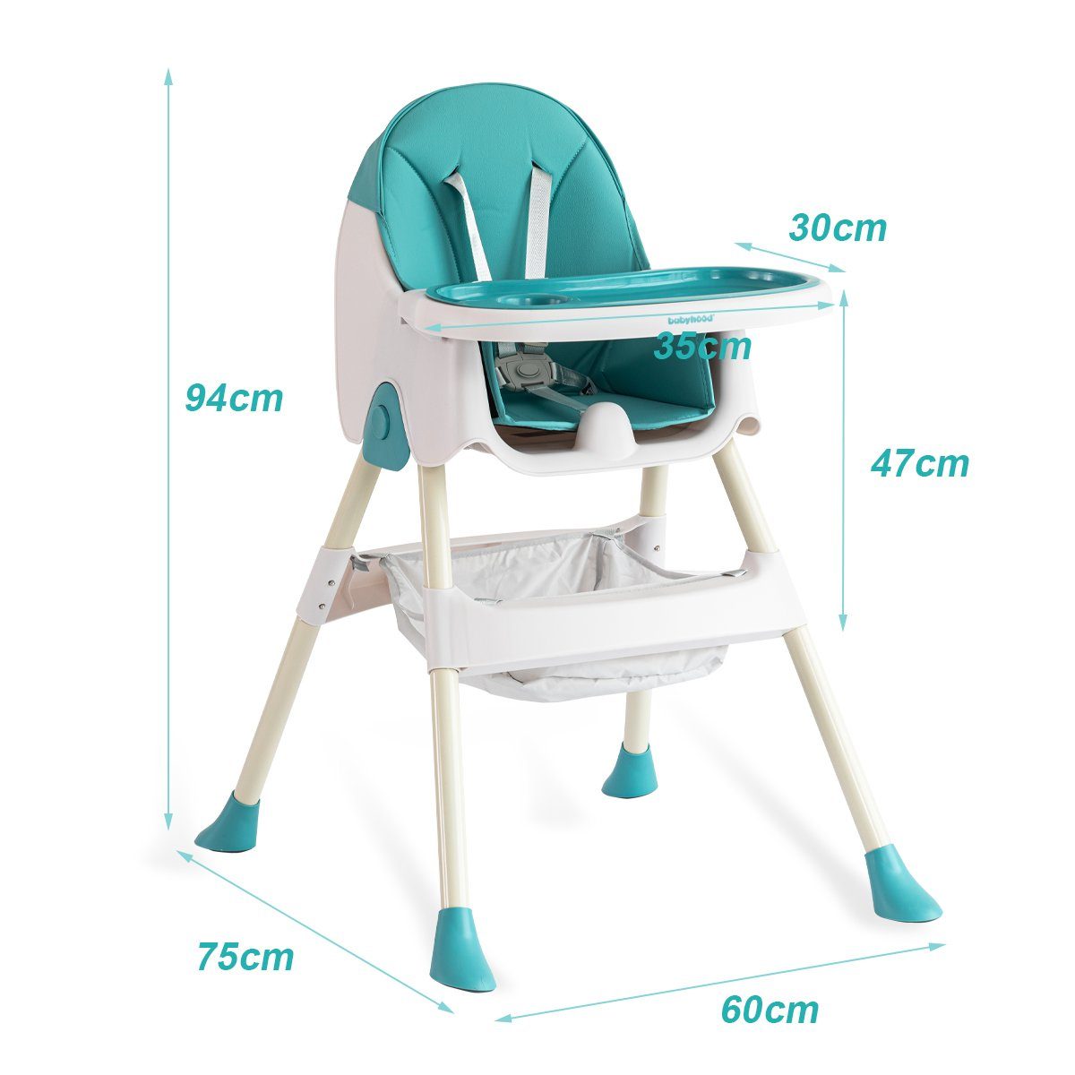 mit Tablett Ablagekorb, abnehmbares Kinderklappstuhl 6 mit IKIDO Baby-Klapphochstuhl 50kg doppeltem Jahre, Monate (mit violett/ wasserdichtes 4 bis grün 5-Punkt-Sicherheitsgurt, belastbar, Tablett), klappbar, (Türkis)