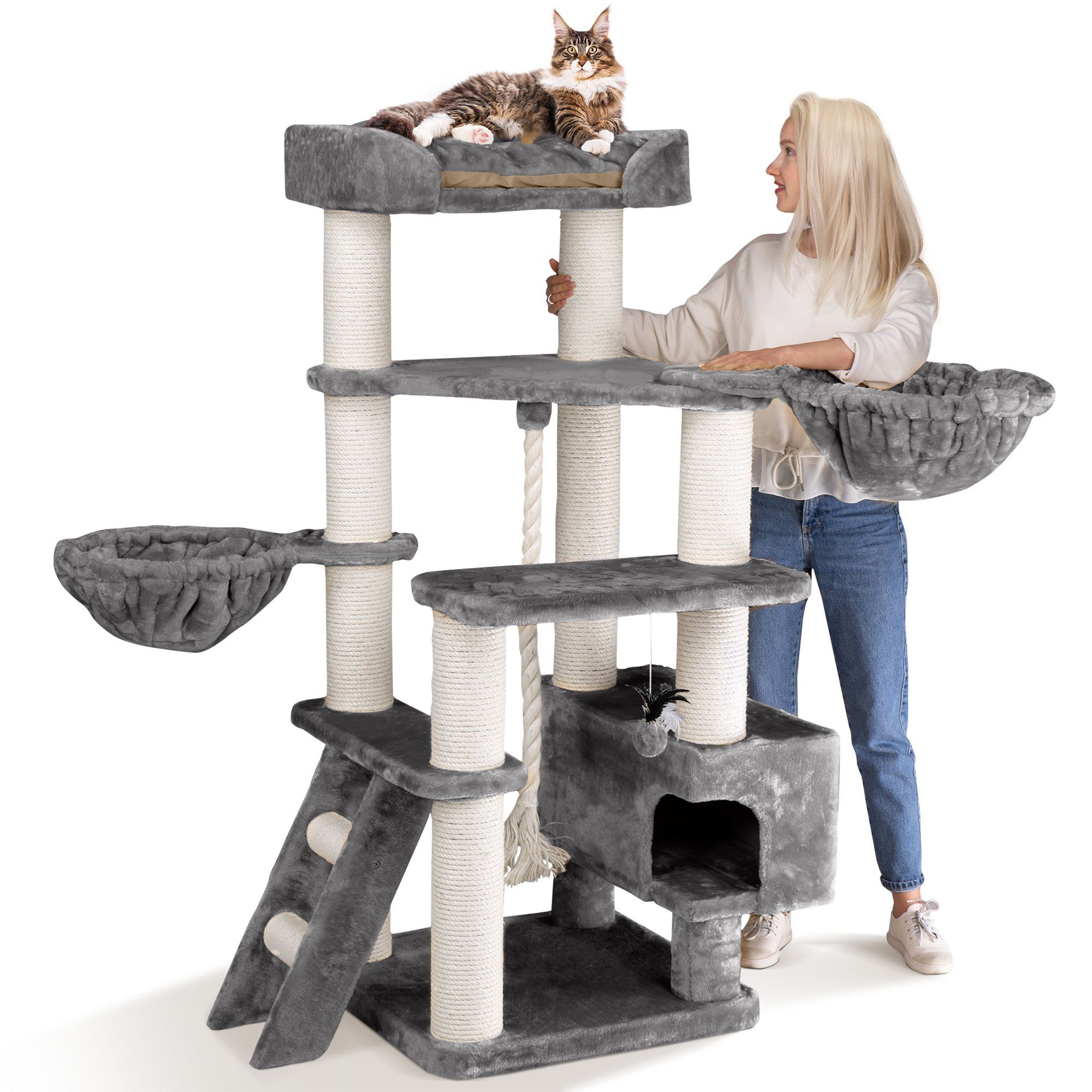 Happypet Kratzbaum JACOB, 156 cm XXL, 12 cm Dicke Stämme, 46 kg Schwerlast, Premium Qualität