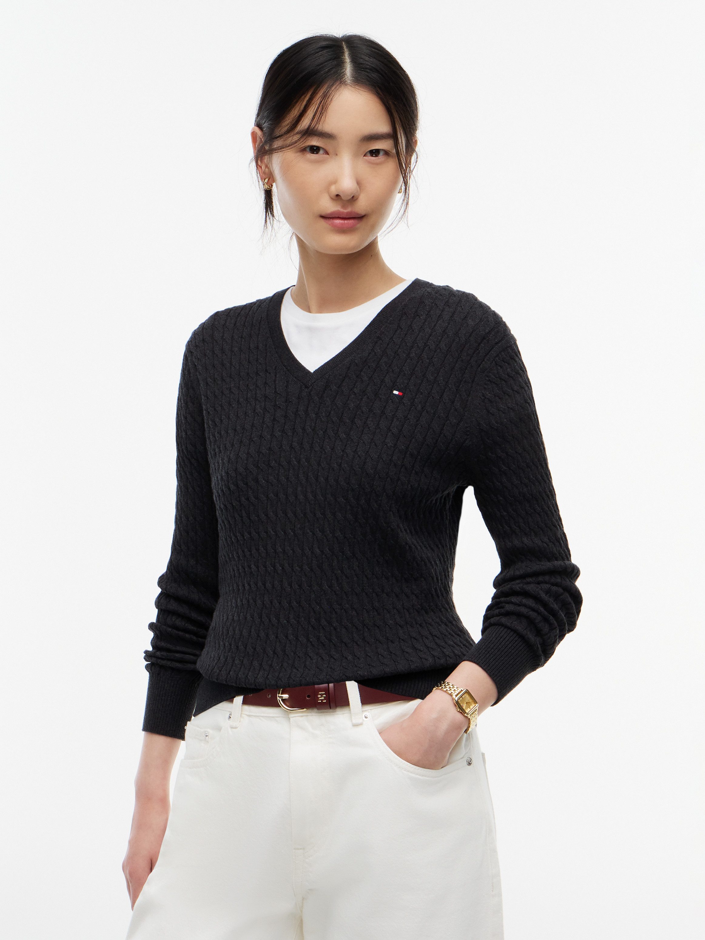 Tommy Hilfiger Strickpullover CO CABLE FINE GG V-NK LS SWT Baumwolle, mit Zopfmuster