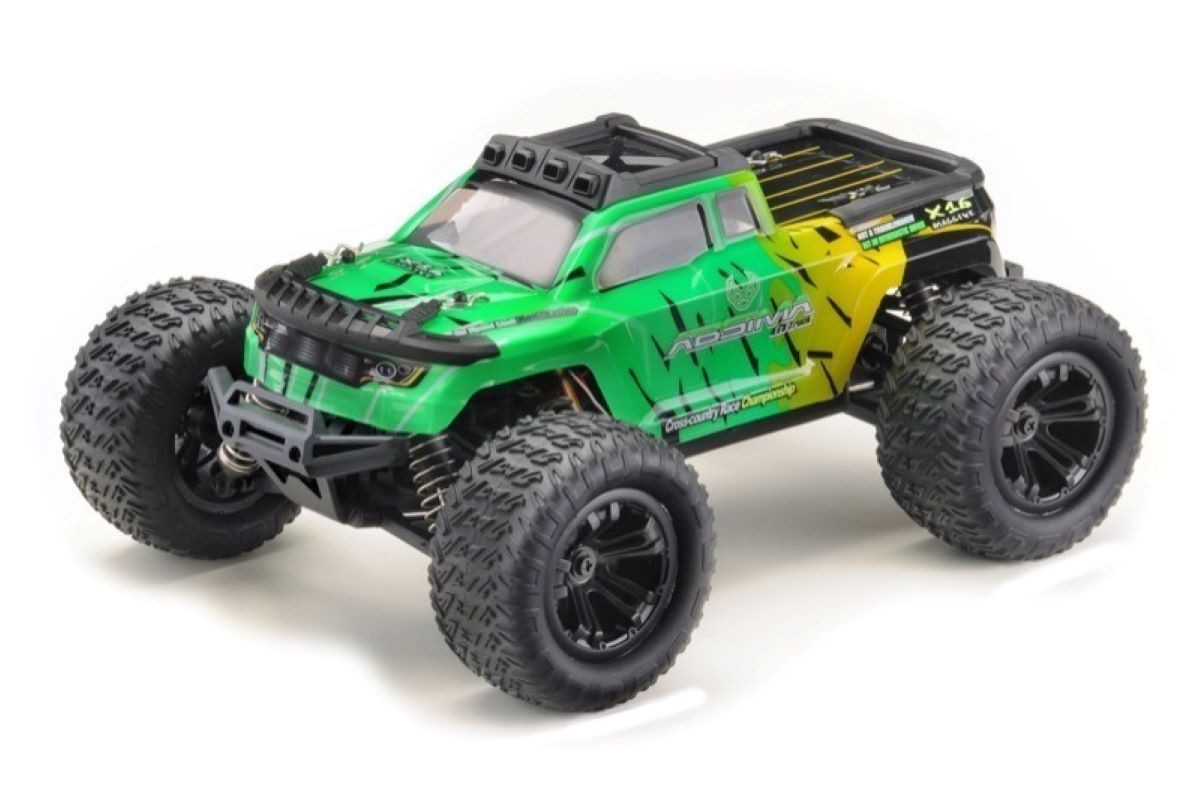 Absima RC-Auto Green Power Elektro Modellauto High Speed Monster Truck MINI AMT 24 (Komplettset, inkl. Fahrakku und Ladegerät, fertig aufgebaut), mit neuster 2,4 GHz Fernsteuerung und LED Beleuchtung
