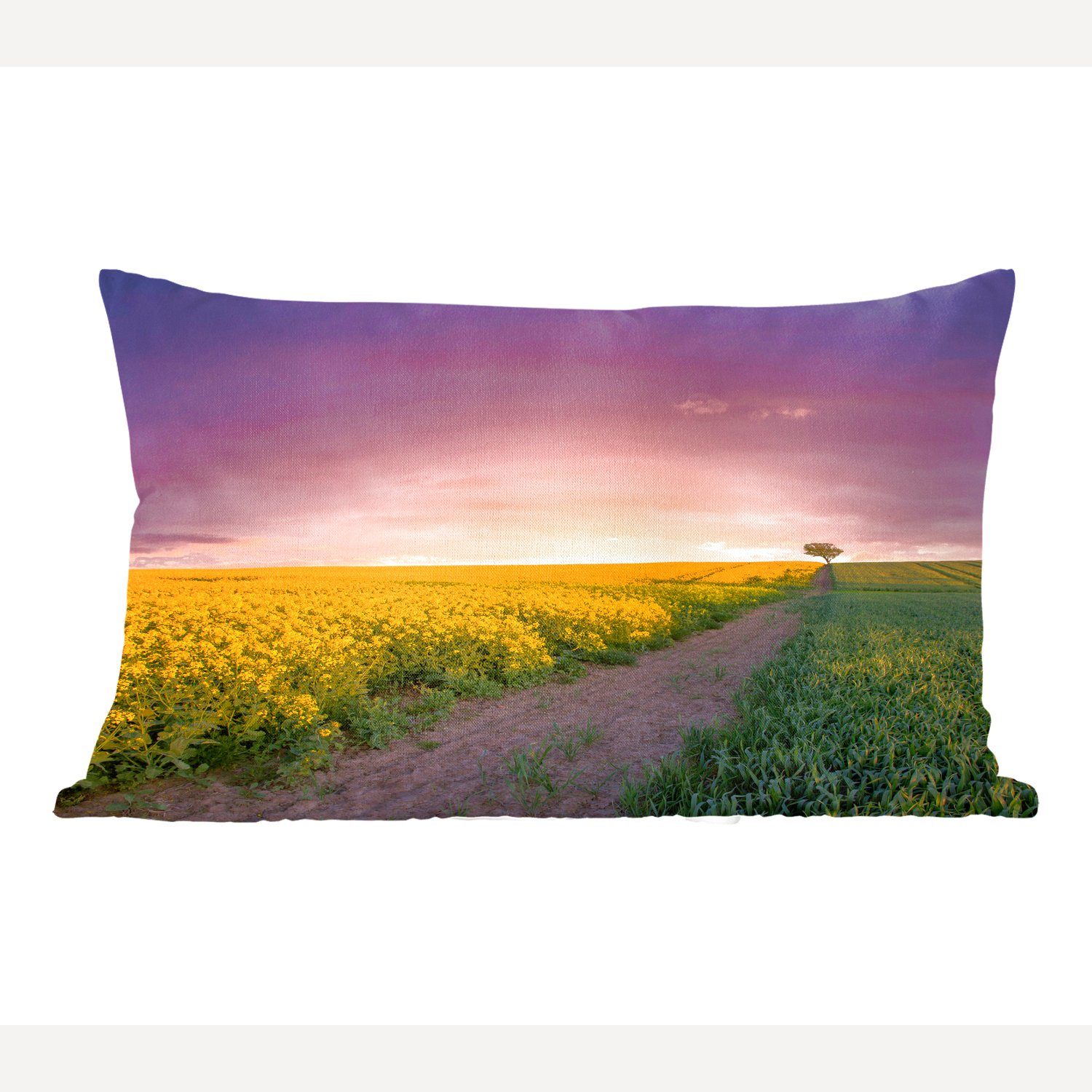 MuchoWow Dekokissen Blumen - Straße - Himmel - Gelb - Lila - Sonnenuntergang - Natur, Wohzimmer Dekoration, Zierkissen, Dekokissen mit Füllung, Schlafzimmer