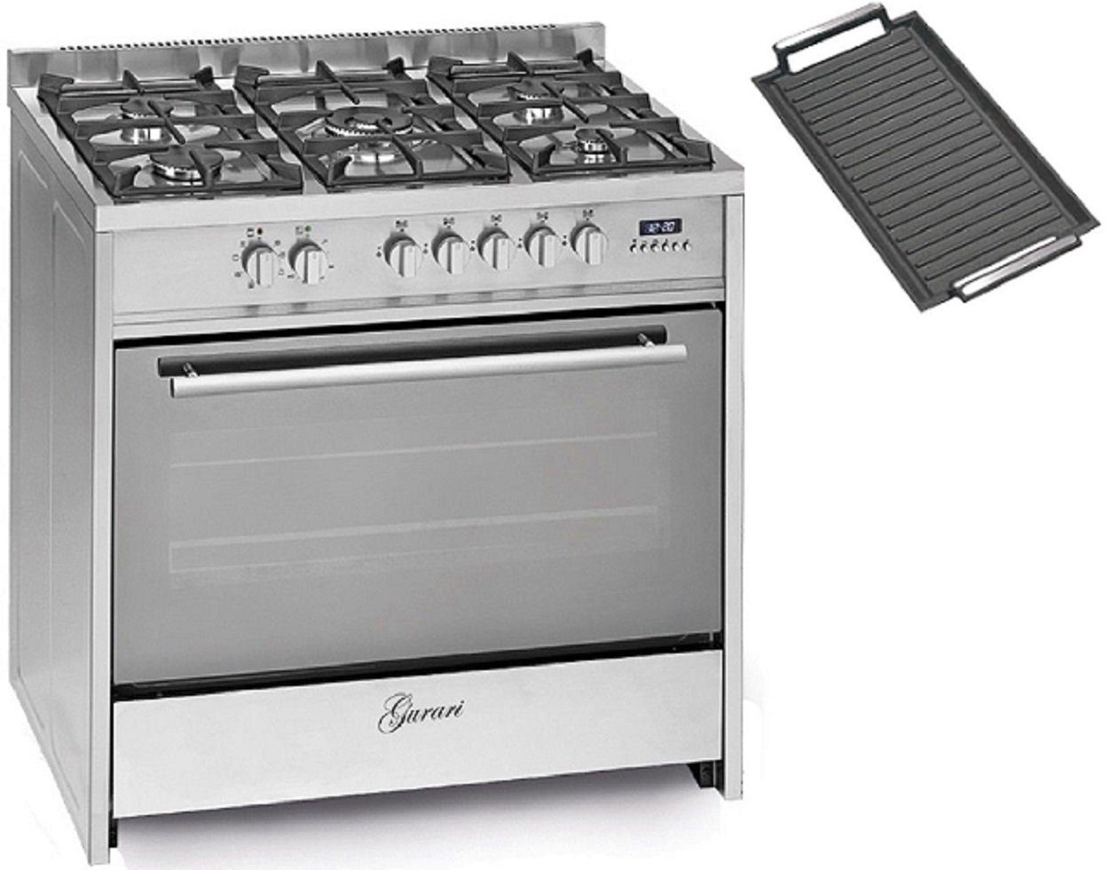 GURARI Gas-Standherd GCH G 910 X+Grillplatte, mit 1-fach-Teleskopauszug, Gas Standherd 90 cm, XXL Range Coocker,Gasgrill, WOK, Grillplatte