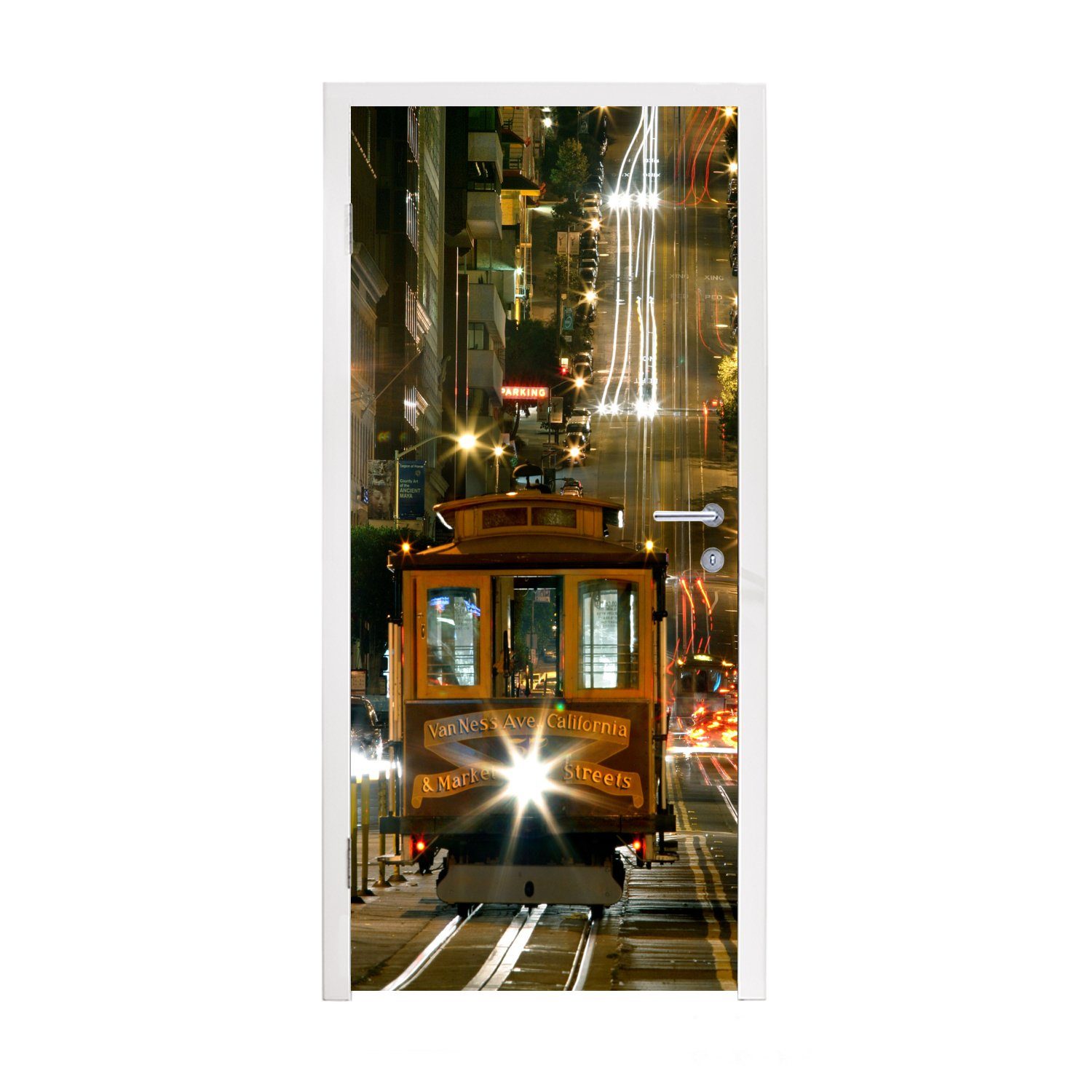 MuchoWow Türtapete Straßenbahn in San Francisco bei Nacht, Matt, bedruckt, (1 St), Fototapete für Tür, Türaufkleber, 75x205 cm