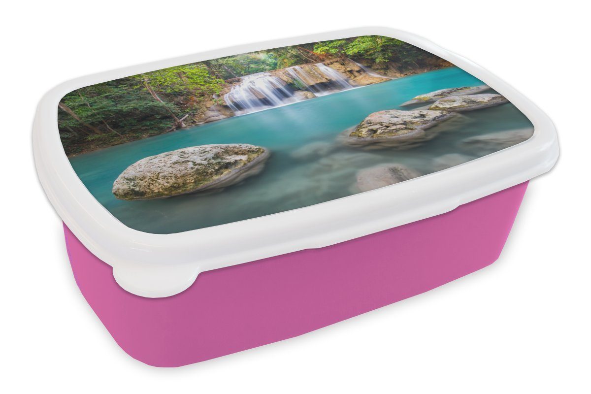 dem Brotbox Moosbewachsene vor Lunchbox Kunststoff, MuchoWow Wasserfall für im (2-tlg), Felsen Erwachsene, Brotdose Erawan-Nationalpark, Mädchen, Kunststoff Kinder, rosa Snackbox,