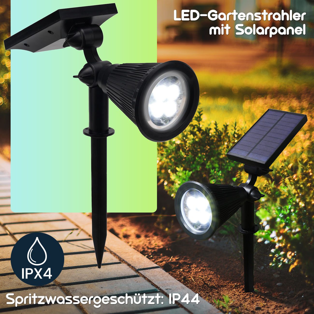 Casativo LED Gartenstrahler Solar-Gartenleuchte Erdspieß & Dämmerungssensor 200lm-Gartenstrahler, 4 weisse LEDs, Leuchtdauer ca. 8 Std. Spot 80° & Solarpanel 18 – Bild 5 von 5