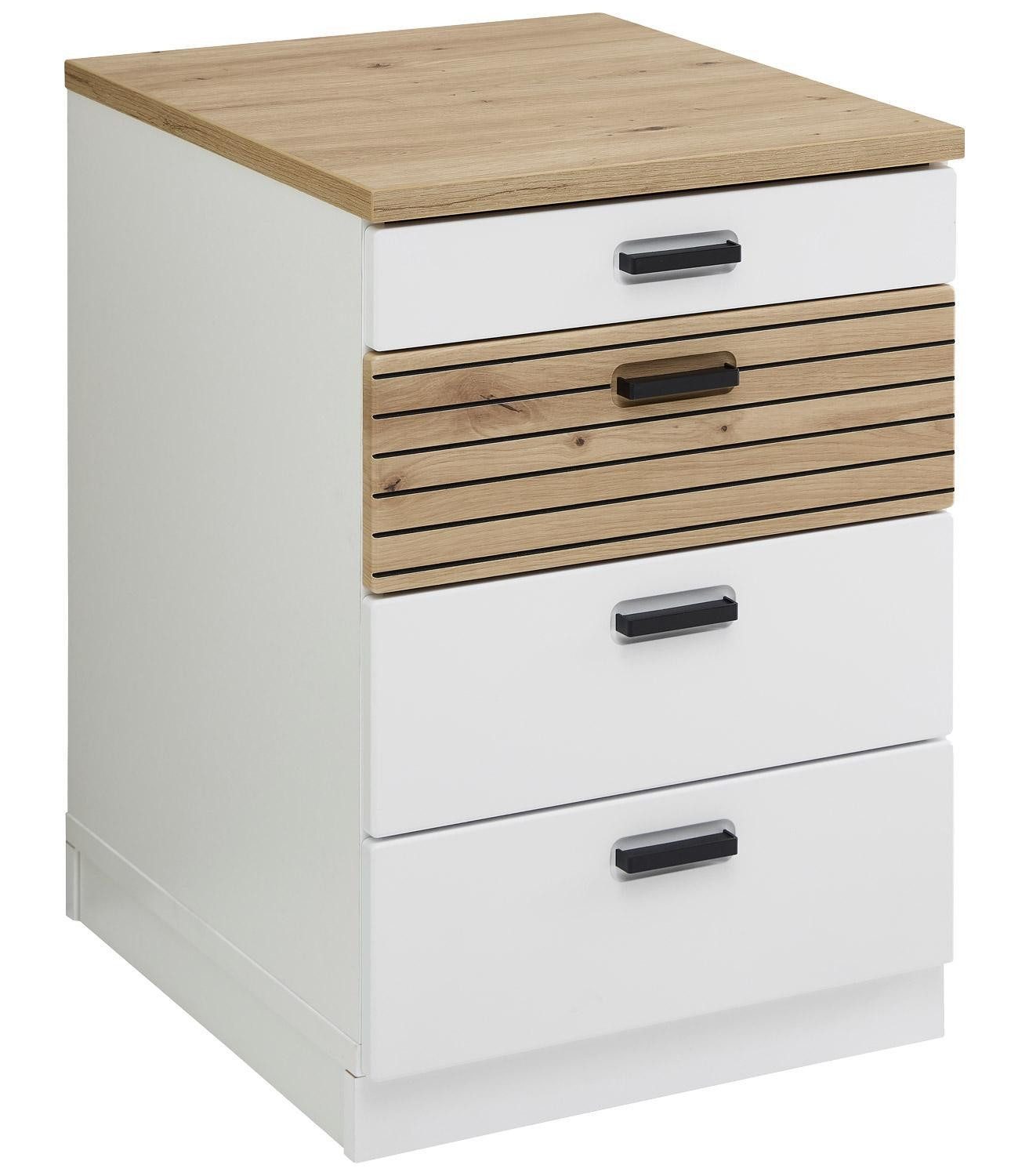 Innostyle Nachtkommode GLENN, Artisan Eiche Dekor, Weiß, 3 Schubladen, mit Rollen, B 45 x H 66 x T 55 cm