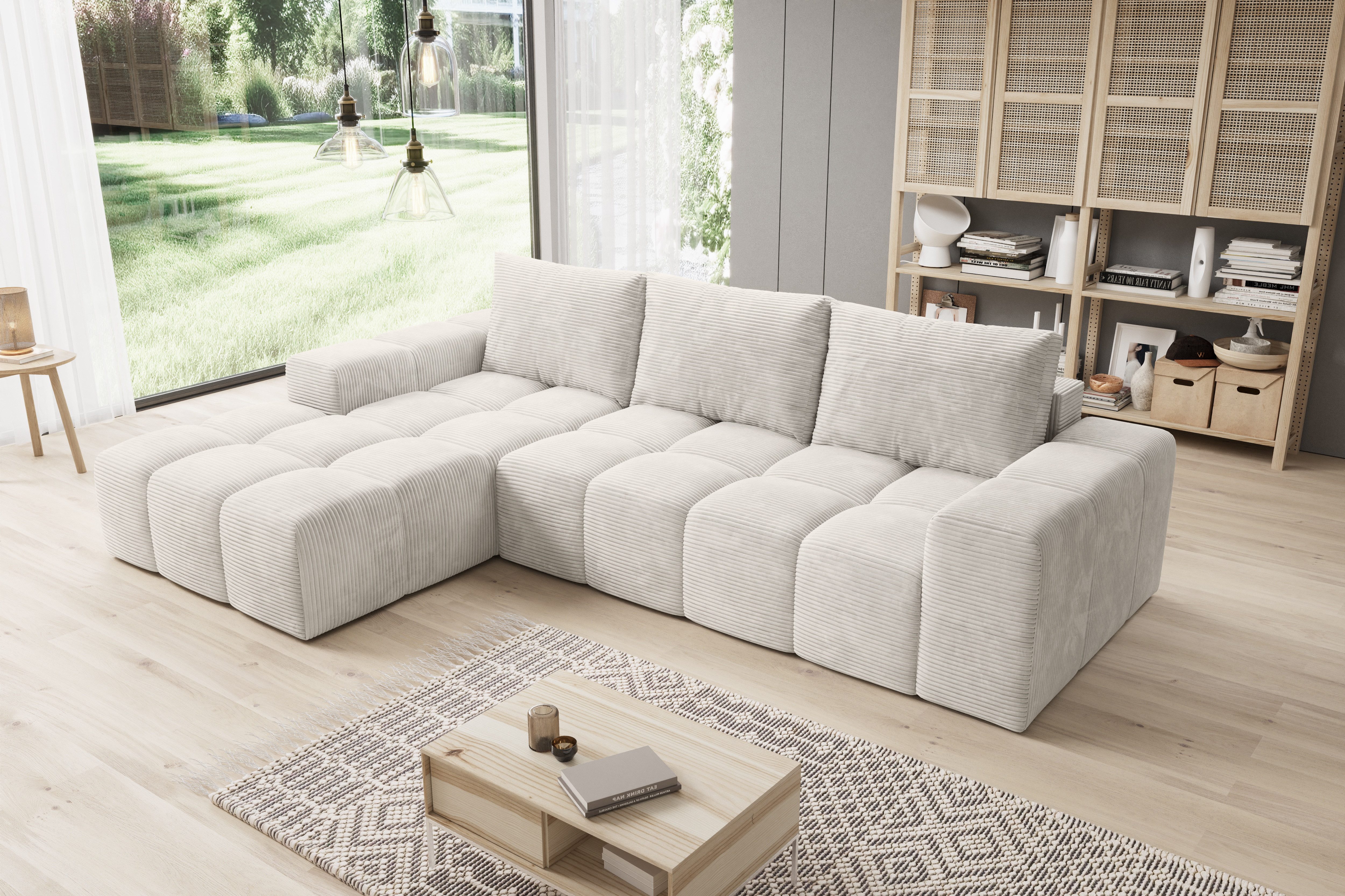 PROMETO Möbel Ecksofa Cento Couch L-Form,Sofa Links/Rechts Teddy-Bouclé, Web oder Cord-Stoff