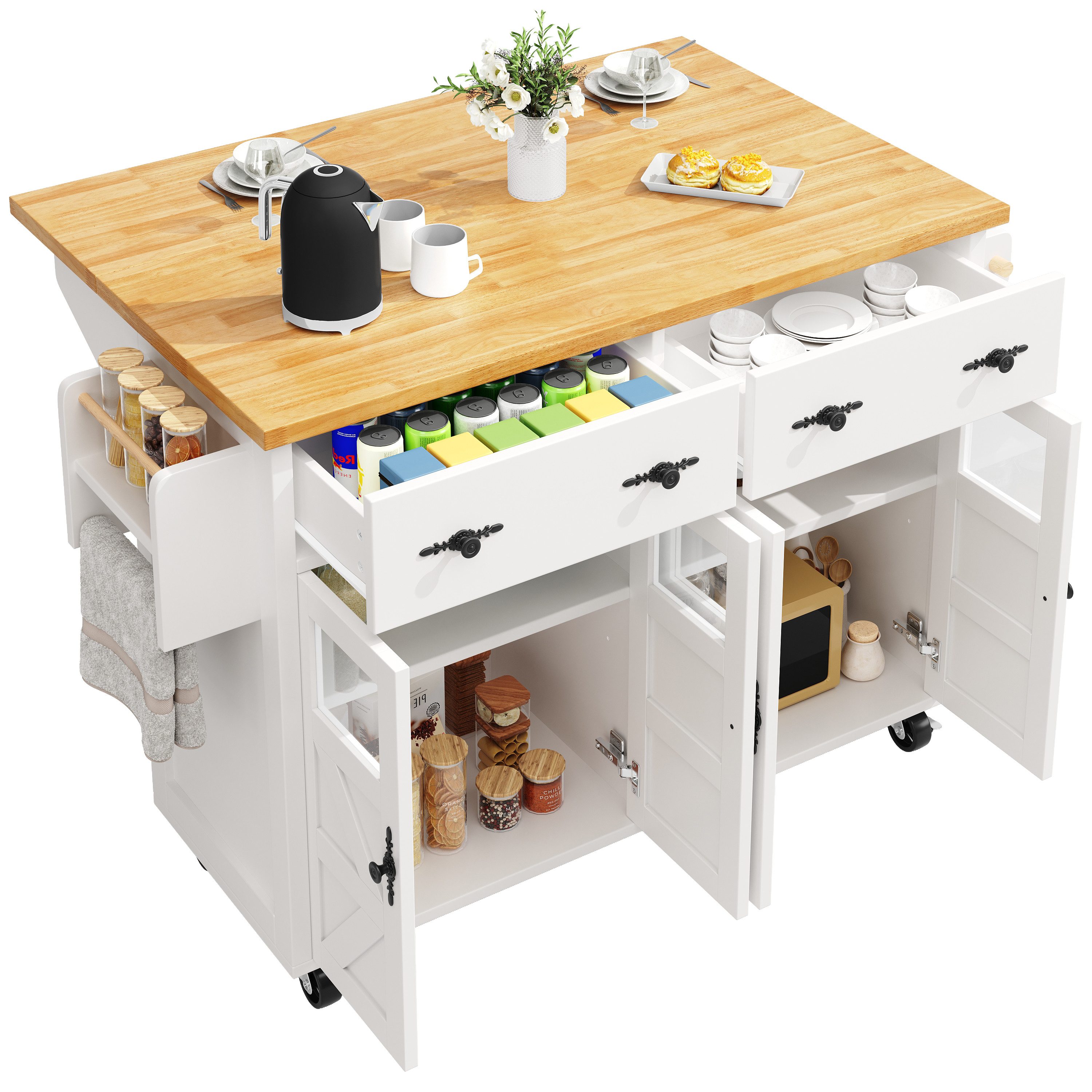 Refined Living Kücheninsel Mobile Kücheninsel/Servierwagen mit Rollen & Glastüren, Küchenschrank, (Multifunktionaler Küchen-/Buffetwagen mit Holzoptik, mit Arbeitsplatte Küchenwagen mit Glastüren, Sideboard auf Rollen, Wohnzimmerschrank mit Rollen, Multifunktionaler Esstisch mit Stauraum, Esszimmer Küchenwagen,Snackregalen), Großer Stauraum,mit Schublade & Türen,für Küche,Wohnzimmer,Büro