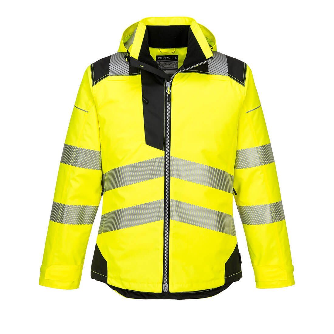 Portwest Arbeitsjacke T400 - PW3 Warnschutz-Regenjacke mit Kapuze Gelb / Schwarz