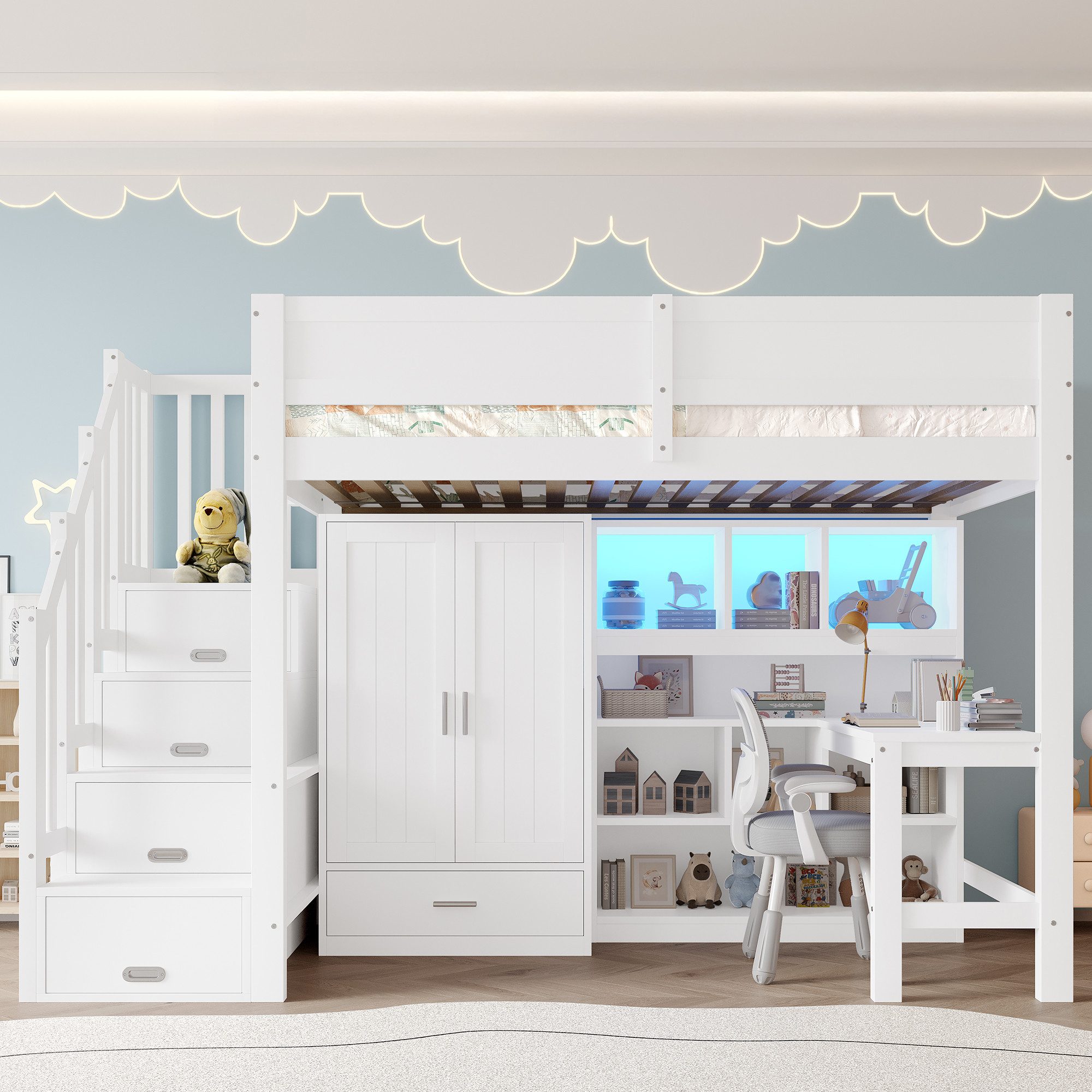 STILVORA Hochbett 90X200 mit Regal&Schreibtisch,Jugendbett Kinderbett mit S günstig online kaufen