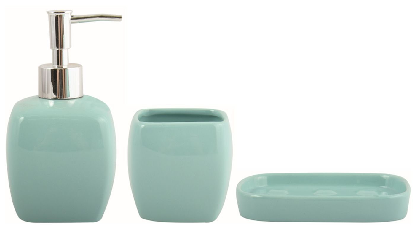 MSV Badaccessoires-Sets LOUISE, Zubehör-Set aus Keramik, pastell grün, 3 tlg., bestehend aus: Seifenspender, Zahnputzbecher, Seifenschale