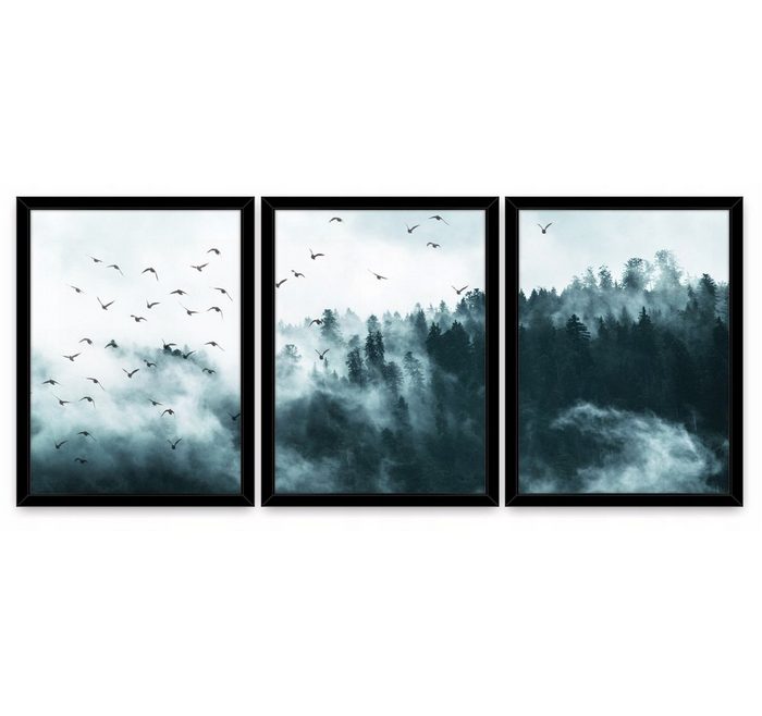 Wallarena Poster Set Mit Rahmen 3 Teilig Kunstdruck 3er Bilder Wandbilder WohnzimmerW Wald im Nebel (3er 3 St) SET 30x40 cm x 3 Wandbild