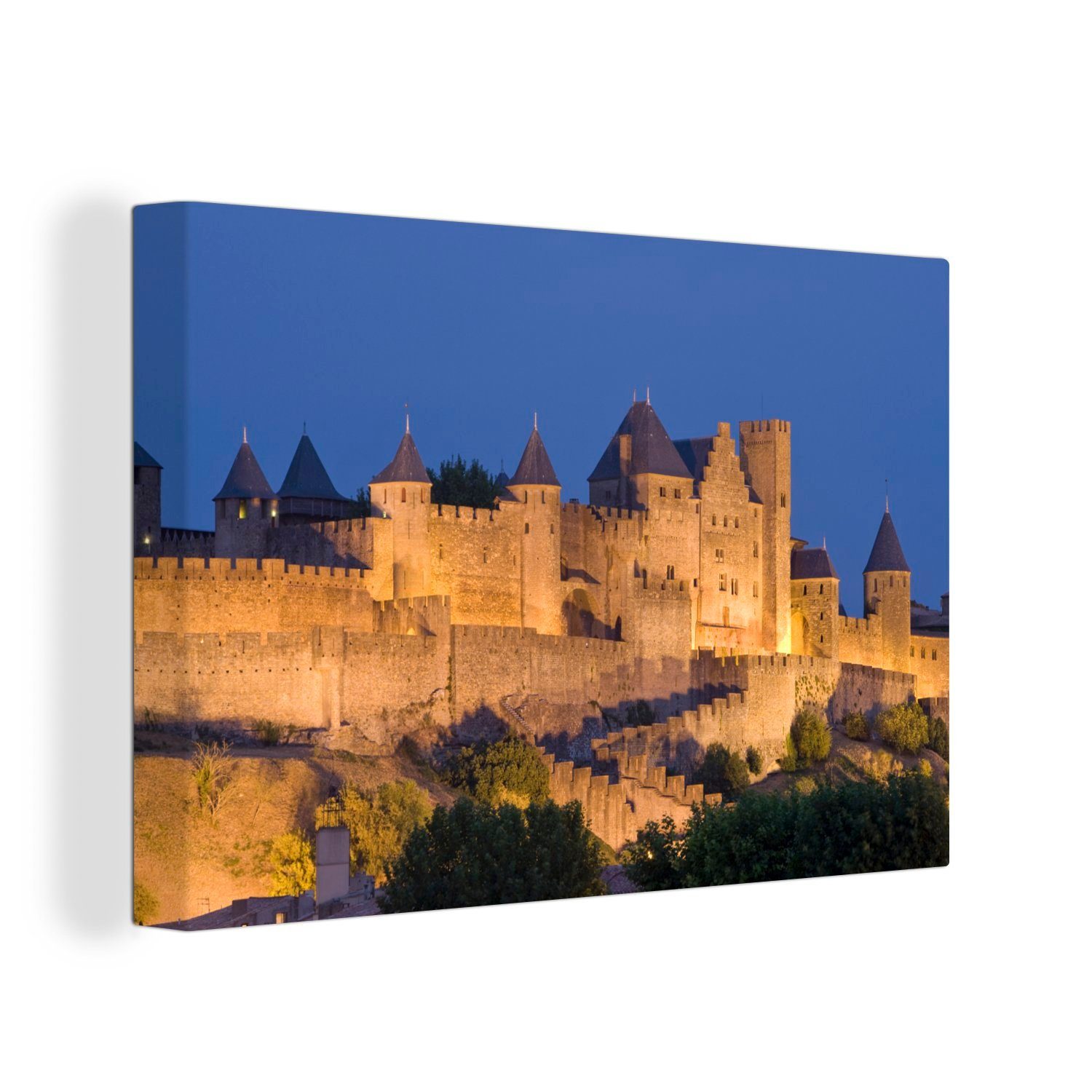 OneMillionCanvasses® Leinwandbild Carcassonne - Beleuchtung - Schloss, (1 St), Wandbild Leinwandbilder, Aufhängefertig, Wanddeko, 30x20 cm | Leinwandbilder