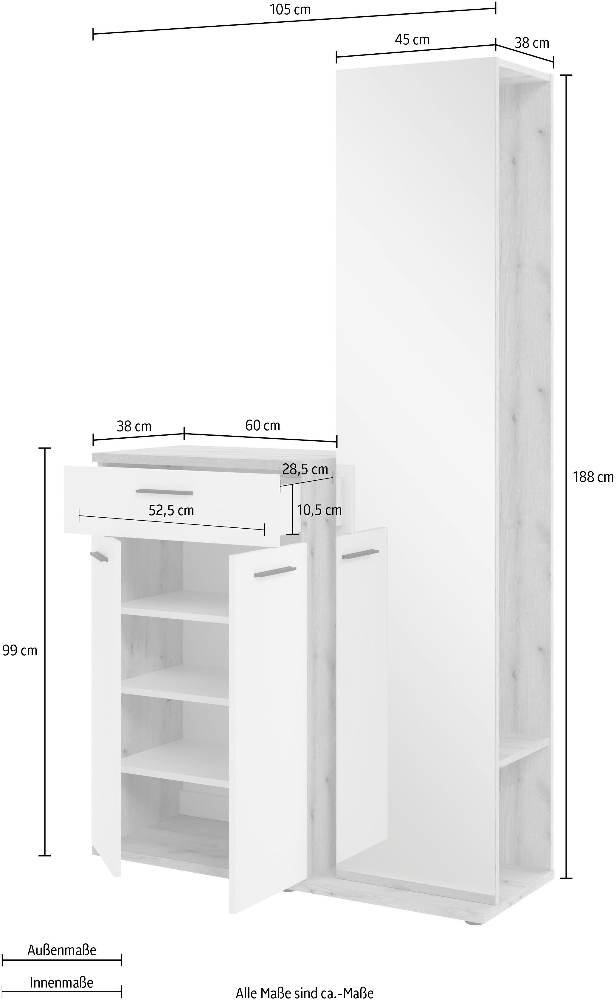 HBZ Garderoben-Set Kompaktgarderobe, BxHxT 105x188x38 cm mit Spiegel, (2-St), Breite 105cm, Softclose, Melaminbeschichtet, Spiegel