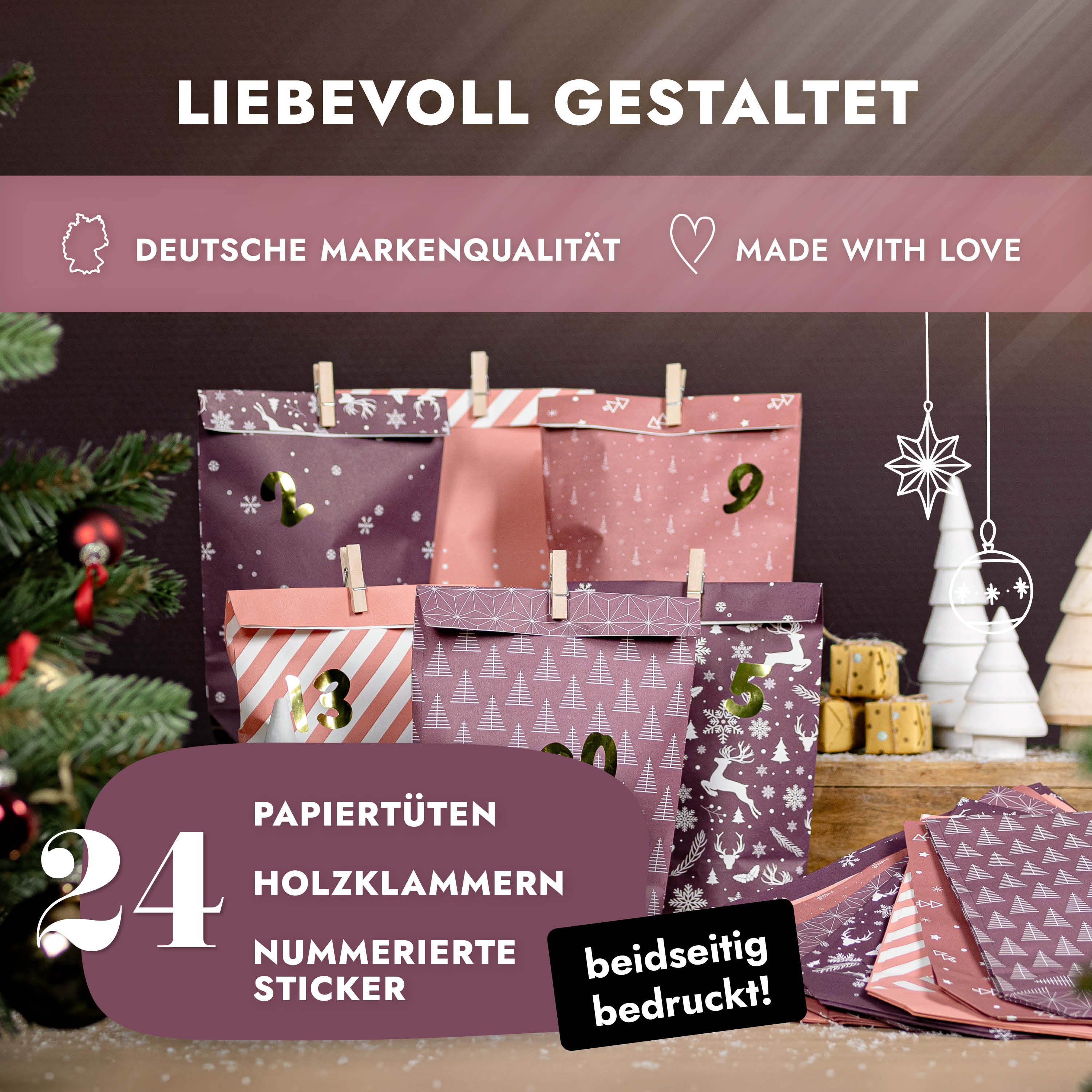 Amari befüllbarer Adventskalender Adventskalender zum Befüllen 2026, 24 Papiertüten 14×22 cm mit Zahlen (DIY Set, 72-tlg), Designs für Kinder & Erwachsene, wied – Bild 2 von 5