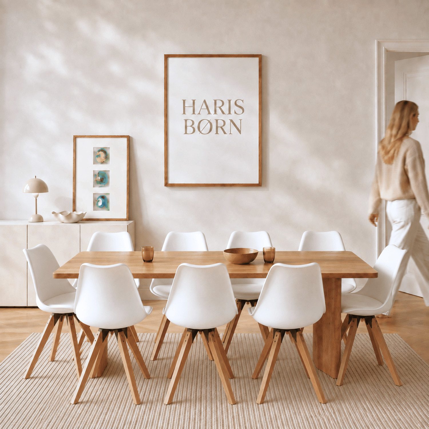 Haris Børn Esszimmerstuhl Skandinavischer Schalenstuhl - Retro Stuhl (Set, 8 St), Weiß/Holz - Kunststoffschalenstuhl - Moderne Esszimmerstühle
