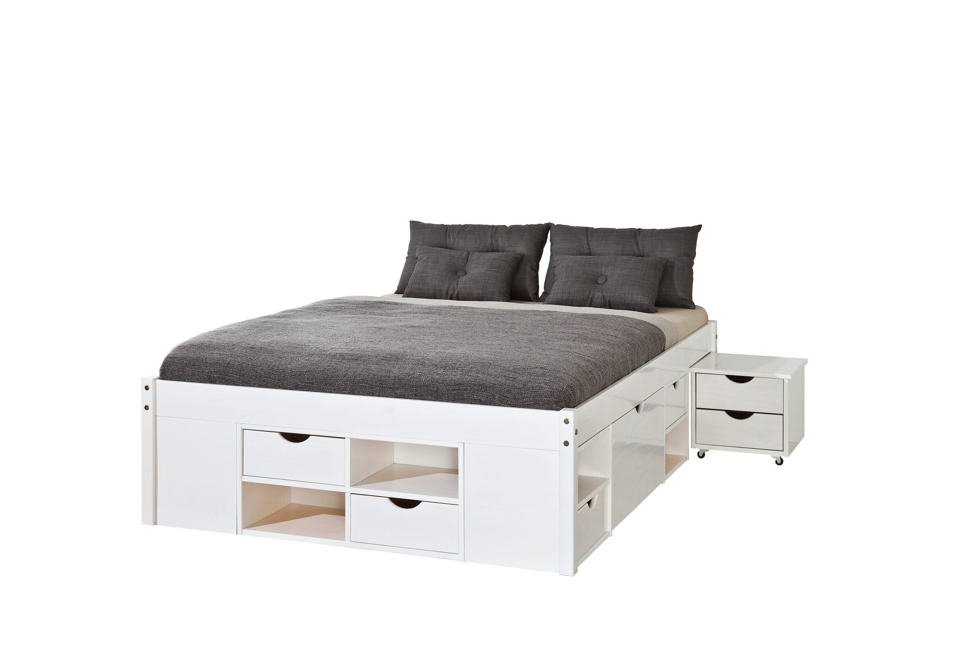 Inter Link Funktionsbett aus Massivholz in Weiss mit 4 Schubladen und 12 Einlegeböden (BxHxT 209 x 47,5 x 146 cm)