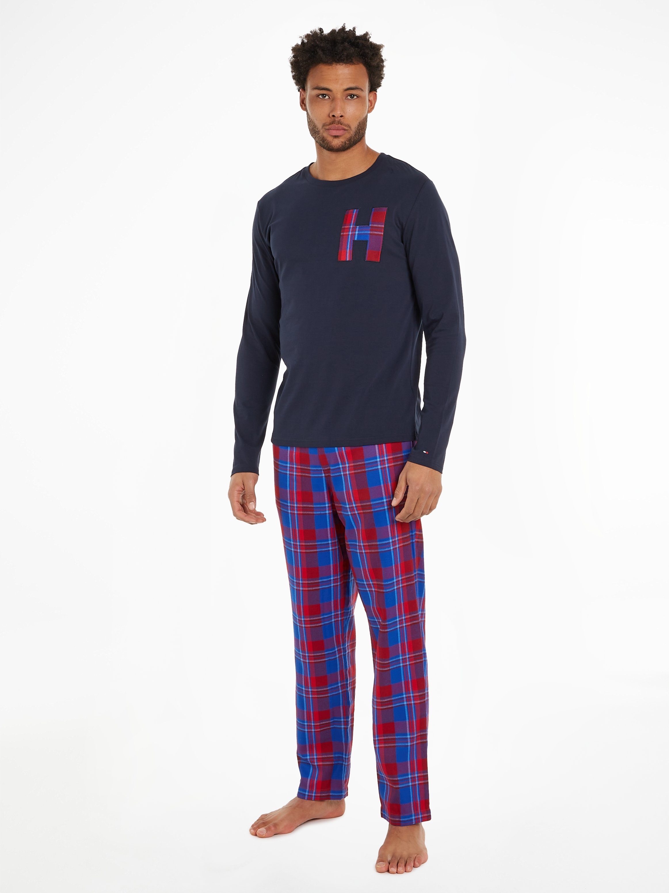 FLANNEL Karo-Design 3 Slipper) Pyjama Hilfiger SET LS PANT im (Set, Underwear Pyjama tlg., + Tommy SLIPPERS