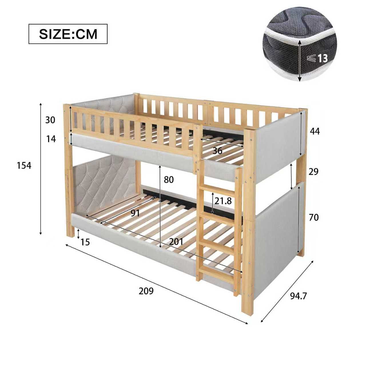 Flieks Bunk Bed, Children's Bed 90x200cm with Anti-Collision Sponge Edge and Fall Protection